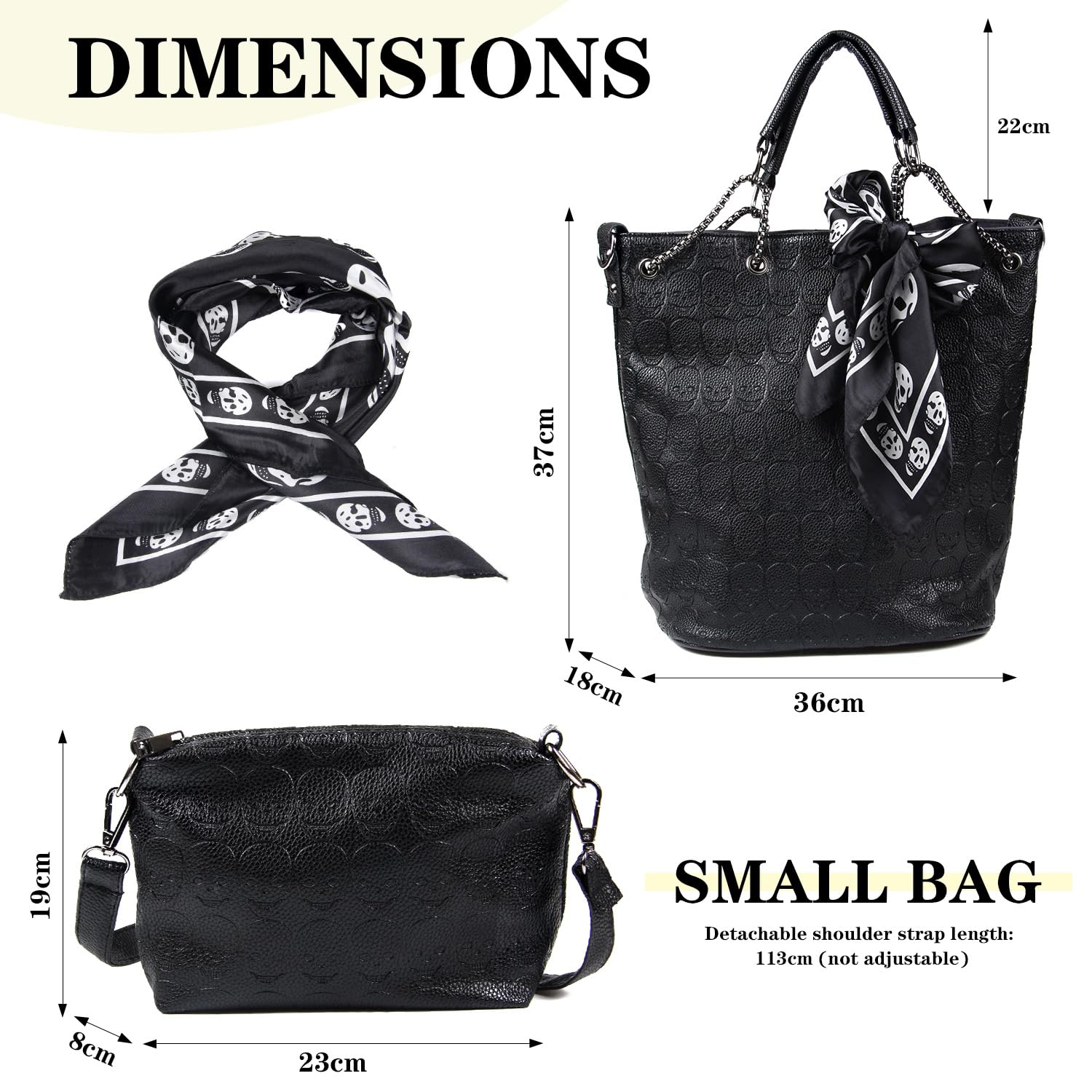 KUANG! Women Skull Print PU Leather Hobo bag Handbags 2 Sets Crossbody Bag with Scarves