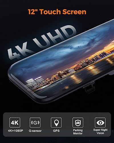 Miniatura 3 de COOLCRAZY Cámara de espejo retrovisor C5 de 12 pulgadas con tarjeta de 64 GB, espejo de pantalla táctil 4K, cámara frontal y trasera, cámara de