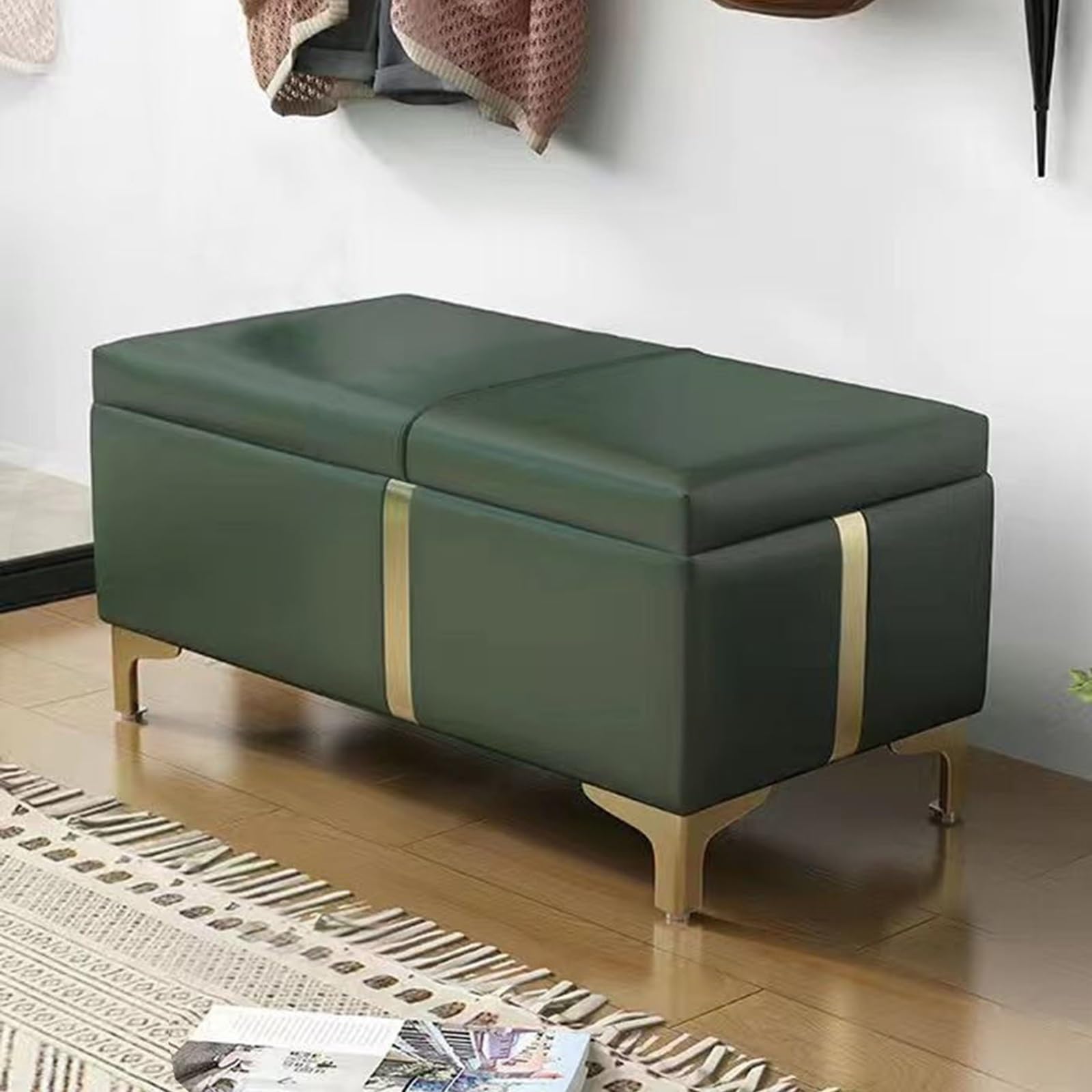 Banc de rangement en similicuir vert foncé pour entrée et bout de lit