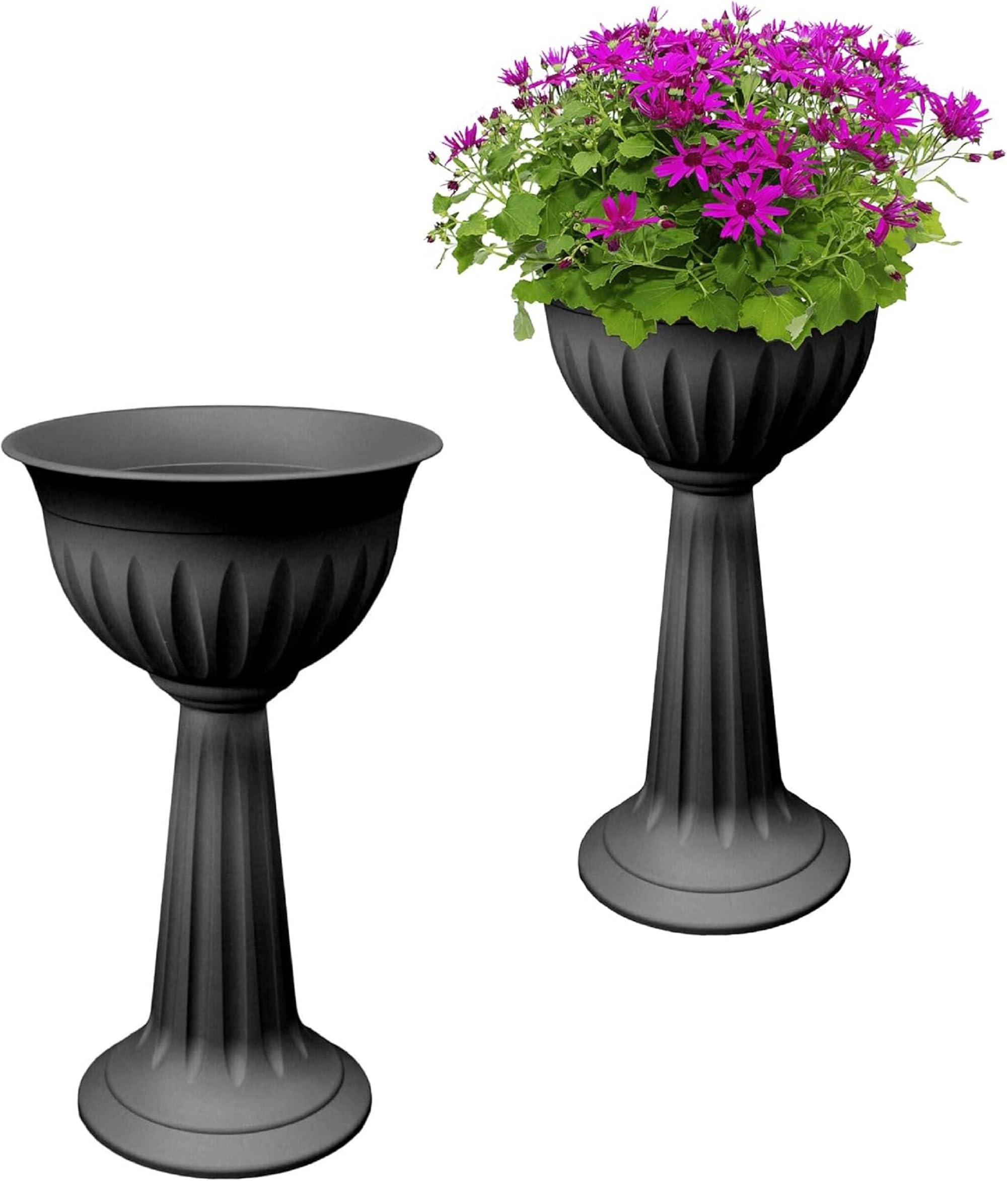 ELMORAZ Large Urn Plant Pot Stand, Outdoor Garden Planters, Flower Pots Indoor, Tall Planter No Drainage Holes Strong Plastic Black Plant pots Outdoor Large Planters Urns 75cm Tall (Black, 2Pack)