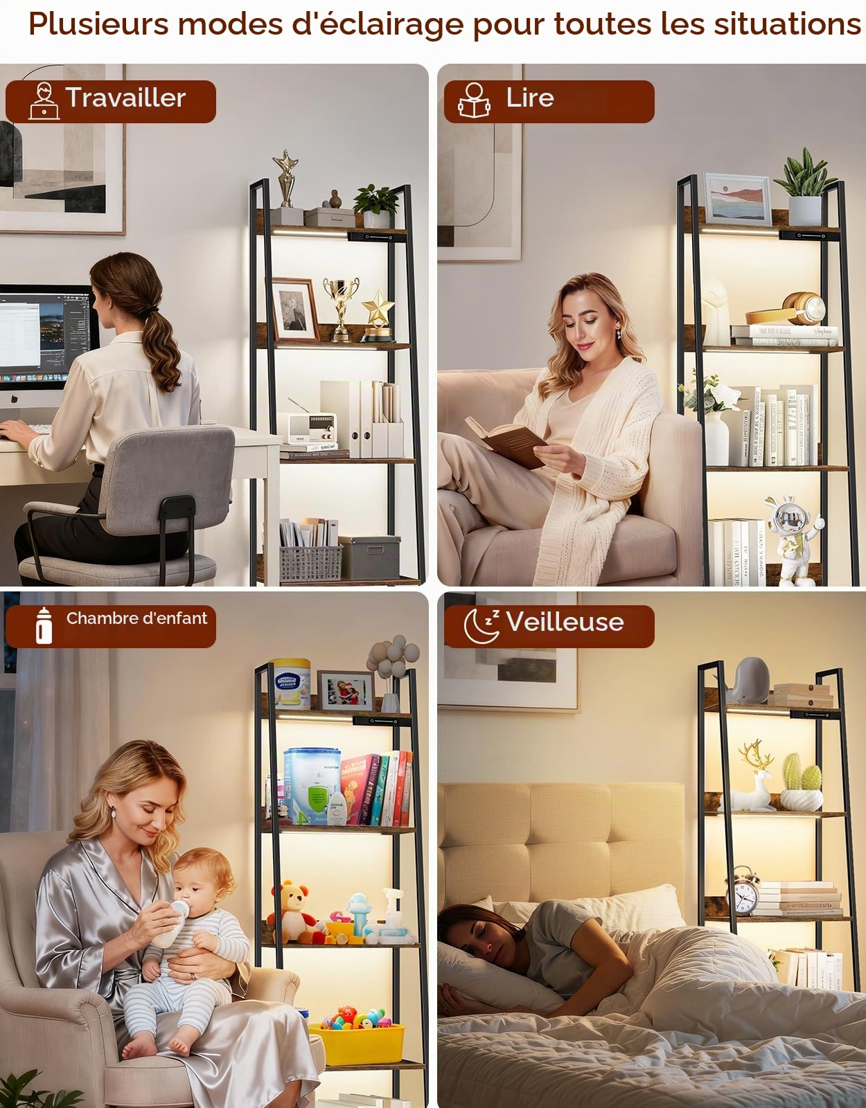 Étagère échelle à 5 Niveaux avec éclairage LED, étagères de Rangement étroites pour bibliothèque, étagères de Style Industriel pour Le Salon
