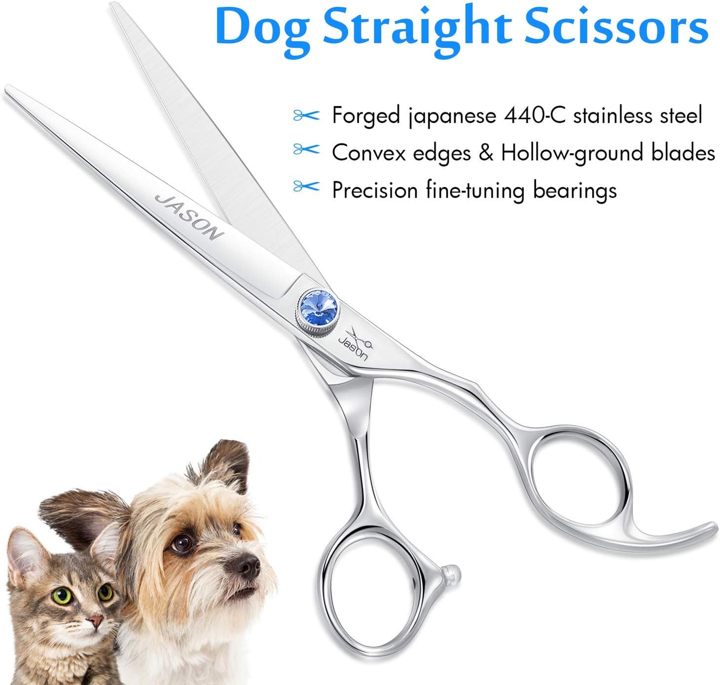 JASON 7" Straight Dog Grooming Scissors, Ergonomic Pets Grooming Shears &JASON Dog Grooming Scissors Set - Professional 6 in 1 Dog Shears Set
