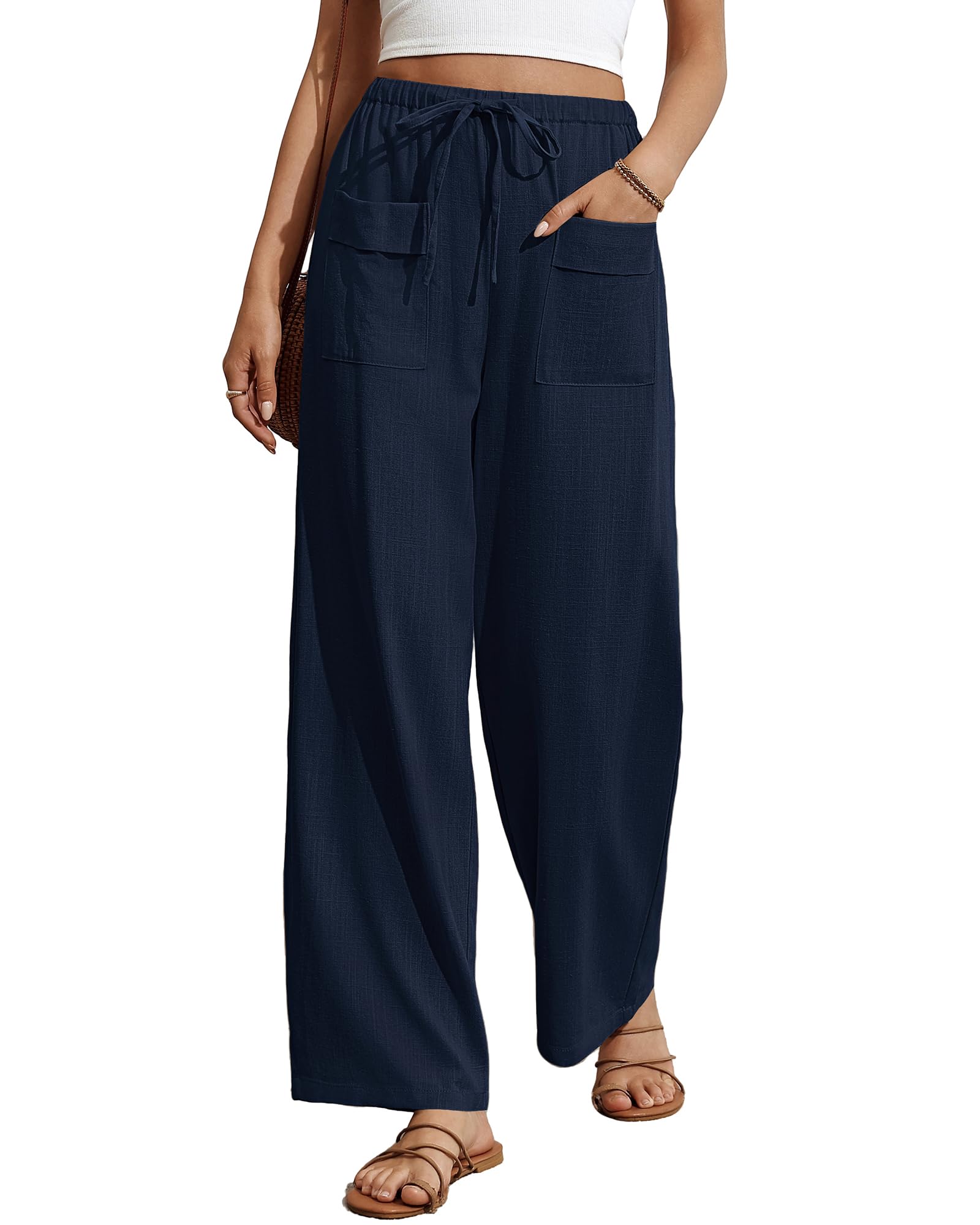 Bsubseach Wide Leg Pants Woman Cotton Linen Palazzo Pants for Women Flowy Beach Summer Casual Trousers with Pockets
