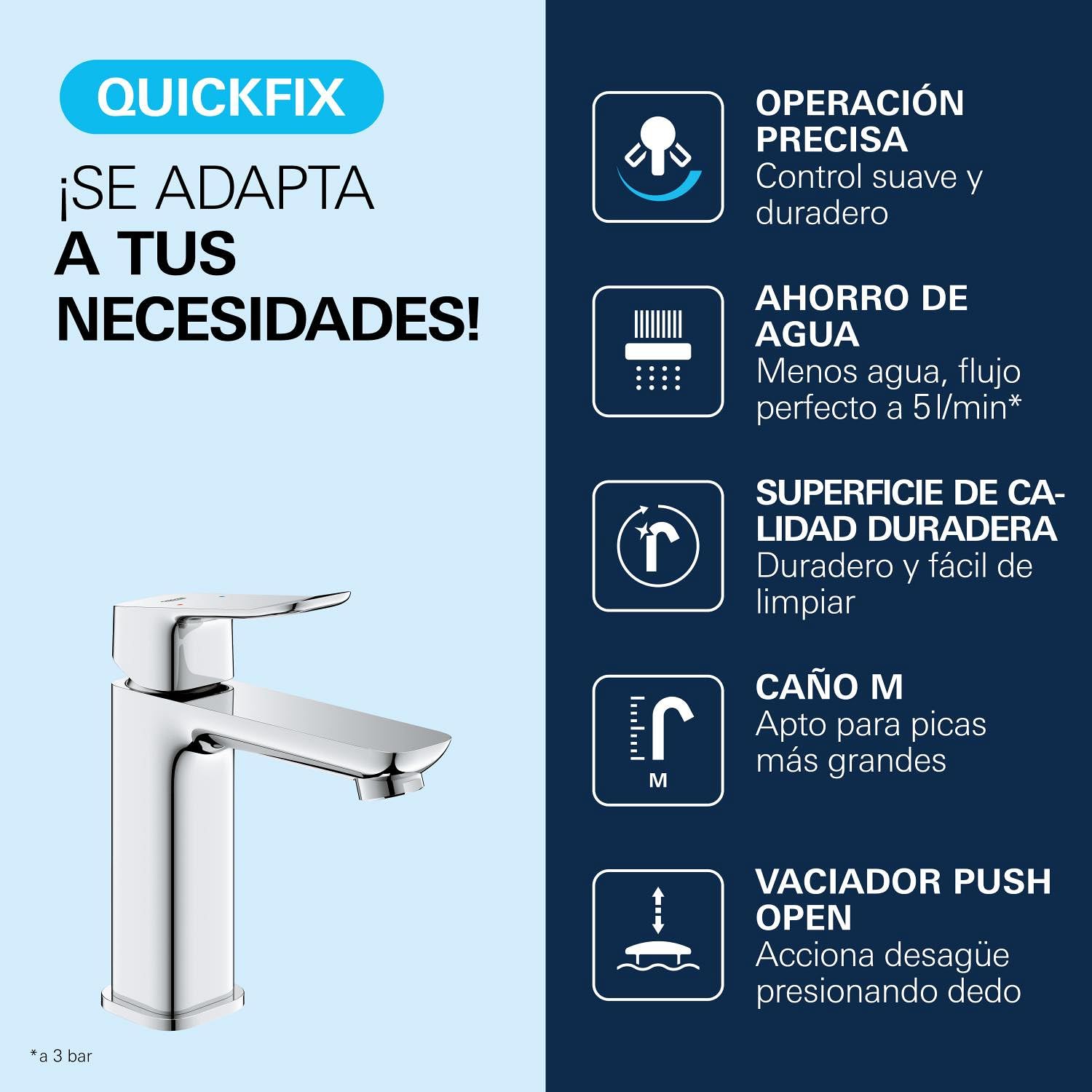 GROHE Dice Grifo Monomando de Lavabo M con Desagüe Push-Open (Cartucho Cerámico 28 mm, Ahorro de Agua, Conexiones 3/8", Fácil de Instalar QuickTool Incluido), Cromado, 1018330000