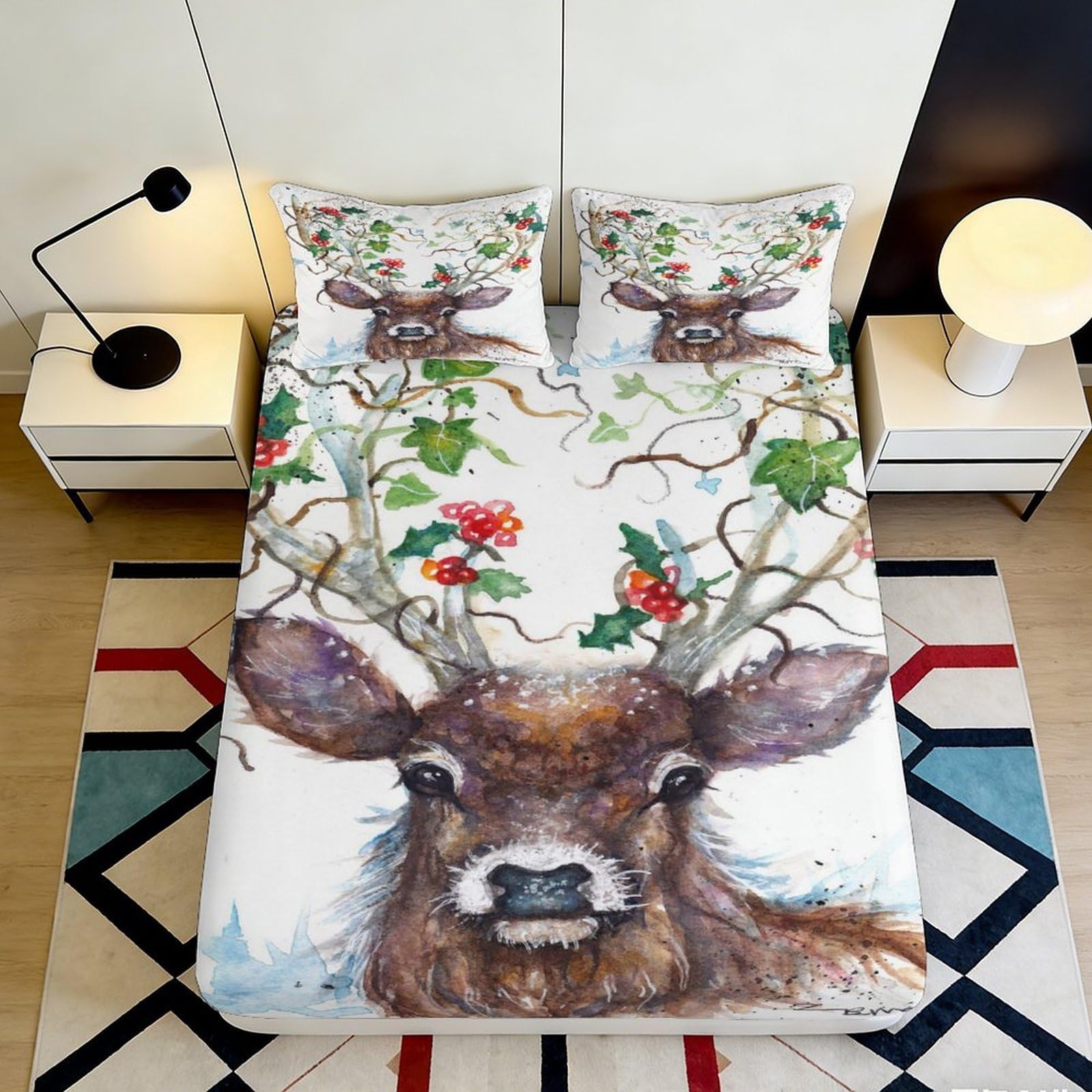 Pnayamiorkfel Style-2 3D Printed Watercolor Deer Fitted Sheet Microfiber Soft Breathable Antler Forest Bed Cover For Bedroom Home Decor 90X200x25cm