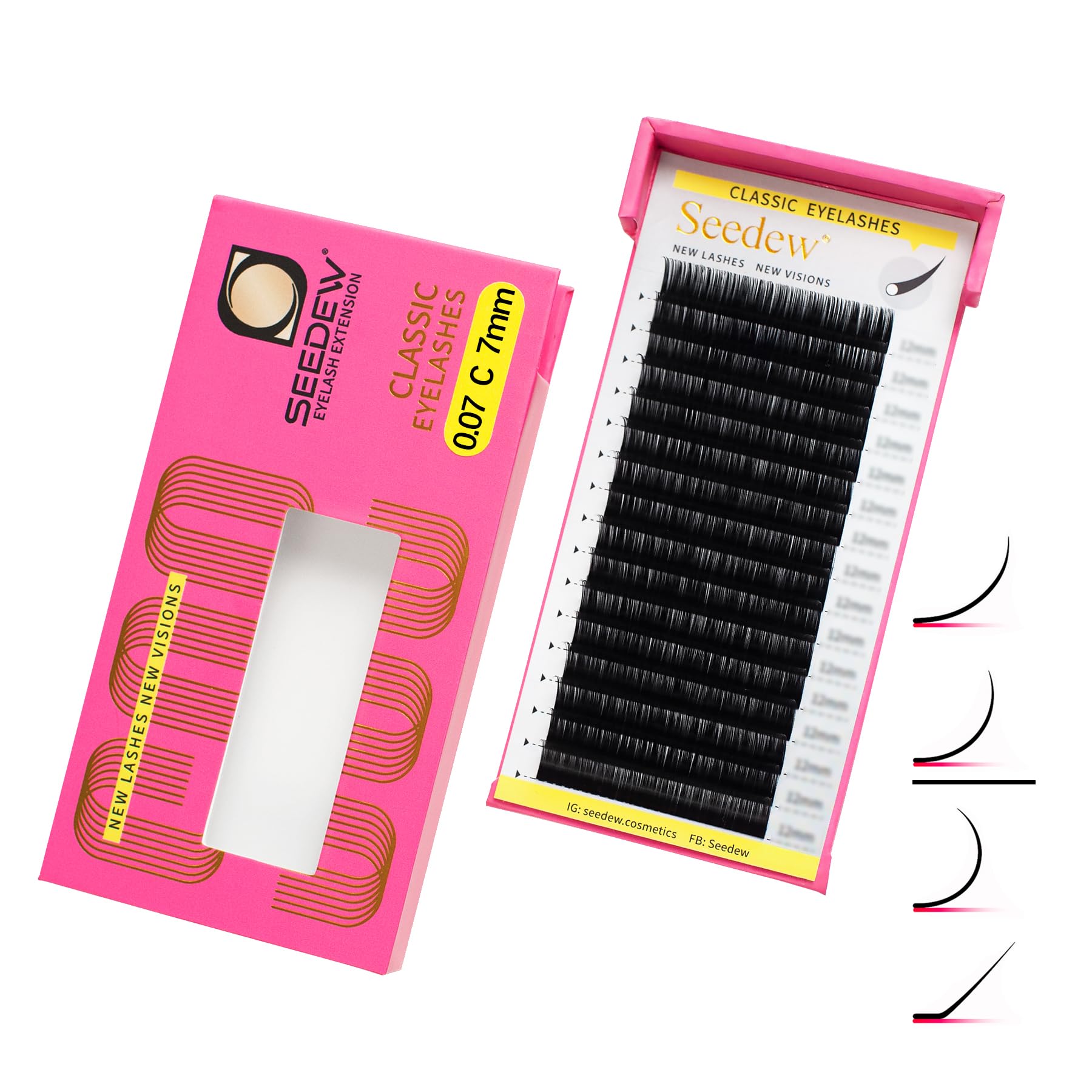SEEDEW Classic Individual Eyelash Extensions, 7mm C Curl 0.07mm 16 Rows/Tray