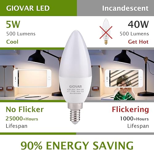Miniatura 6 de Bombillas LED de candelabro, equivalente a 60 vatios, SOFE blanco 2700K, bombillas para candelabros de pared, base pequeña, 120 V, tipo B, no