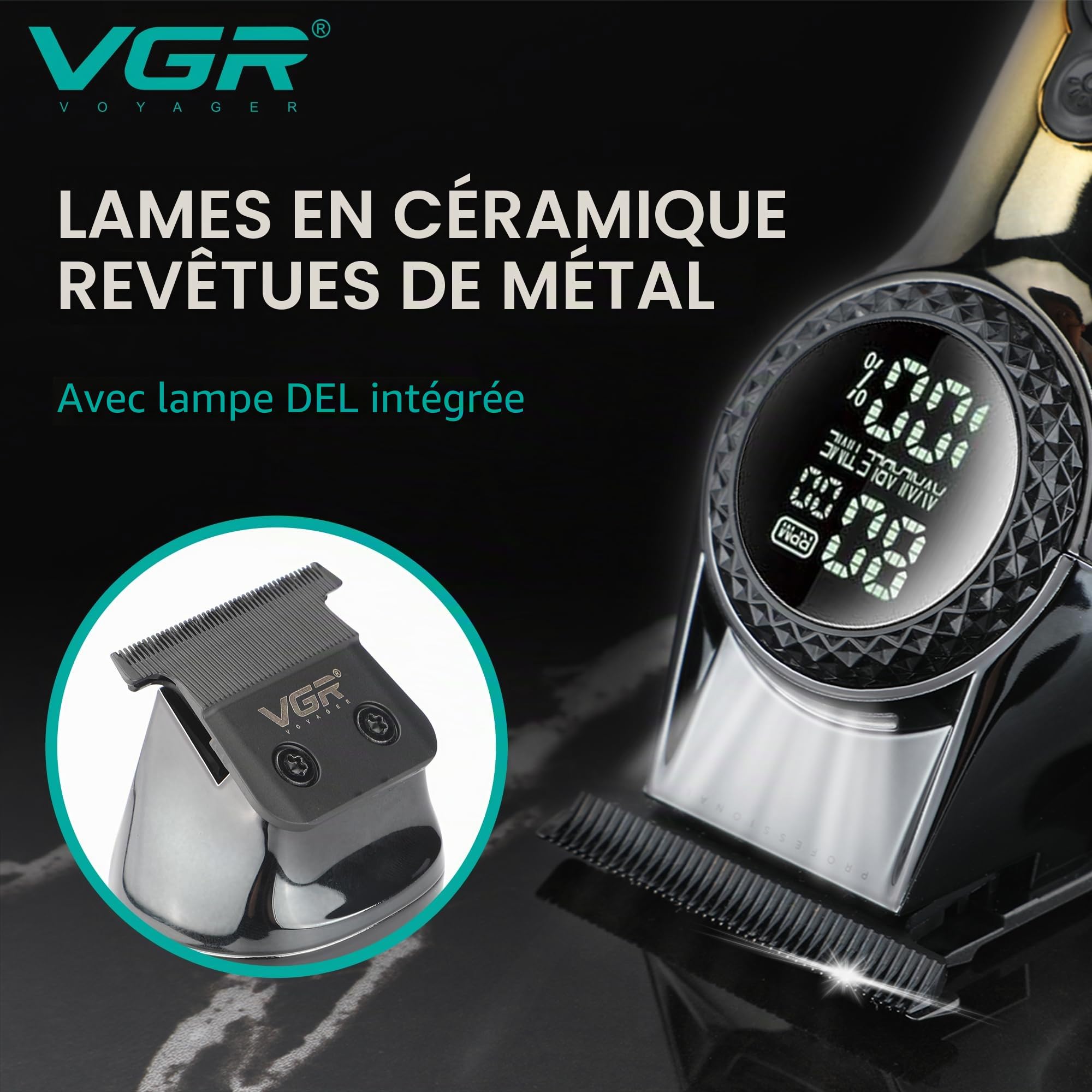 VGR Tondeuse à barbe électrique rechargeable USB-C pour homme - Professionnel 8000 tr/min - Lumière LED - 2 vitesses - Lames en céramique - Batterie de 200 min - Tondeuse à cheveux sans fil - Kit de