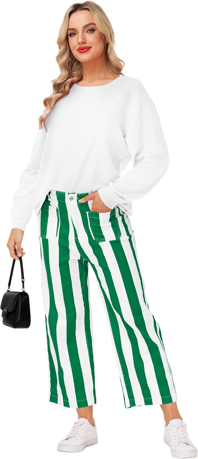 Women Striped Jeans Stretchy Cropped Vertical Denim Pants with Pockets - Image 5