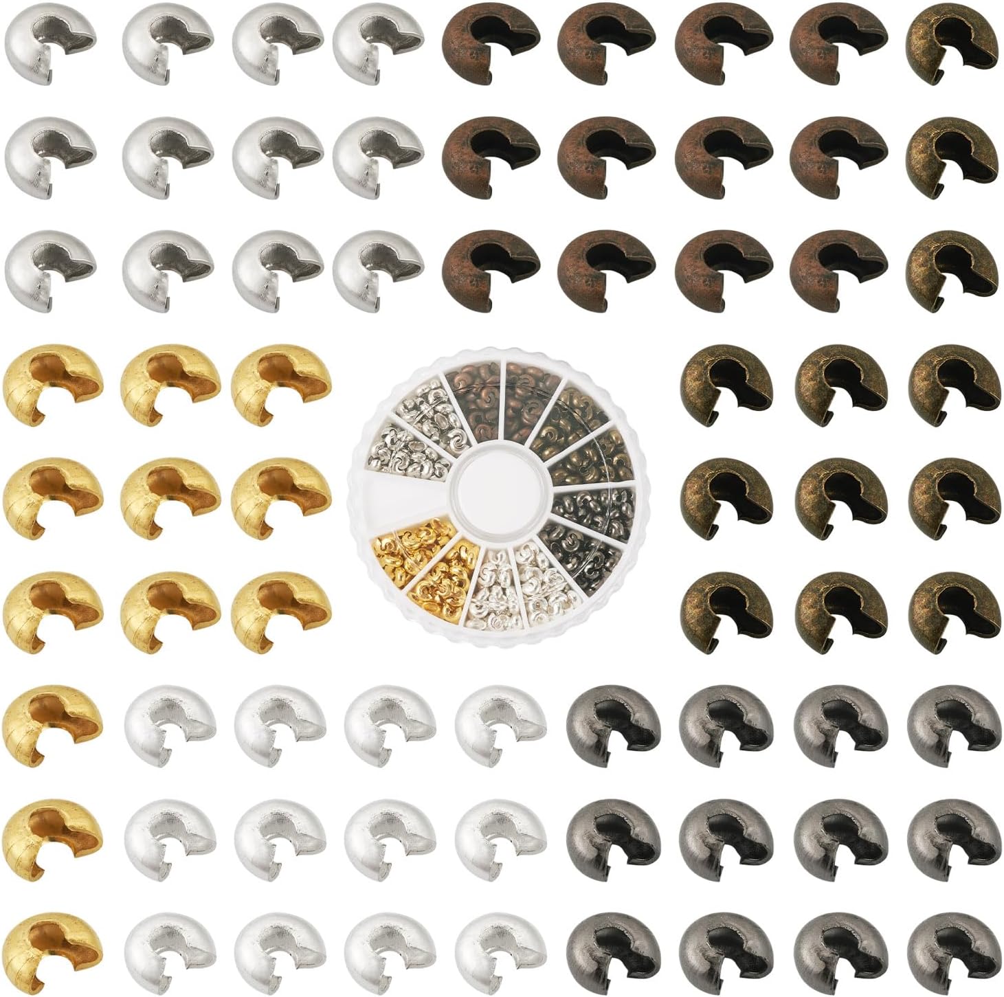 Pandahall – 480 cuentas engarzadas de 0.118 pulgadas (0.118 in), 6 colores, nudo de cuentas de crimpado, medio redondo, abiertas, puntas de extremo