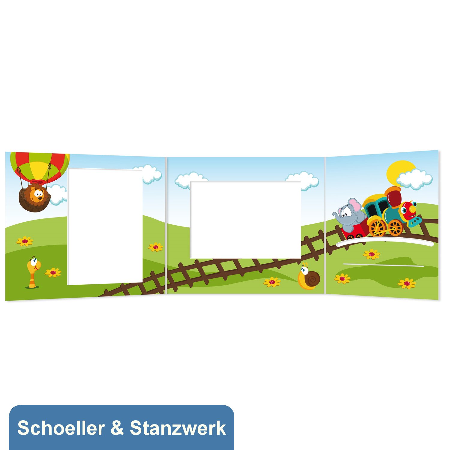 Schoeller & Stanzwerk© - 25 Stück 3-teilige Portraitmappe Kinder/Schulfotomappe für 13x18 cm Fotos - mit farbigem Druck "Eisenbahn"