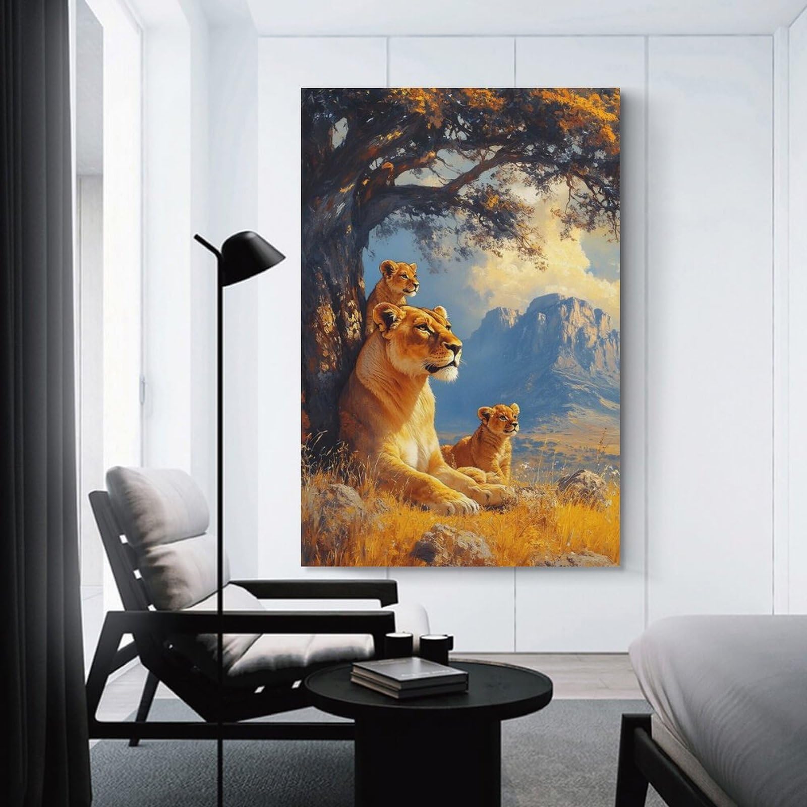Junmoney Lioness And Cubs Under A Tree Decorative Wall Artwork 16x24inch(40x60cm), for Corridors, Hallways Or Apartment Entries, Home Artwork for First Impressions