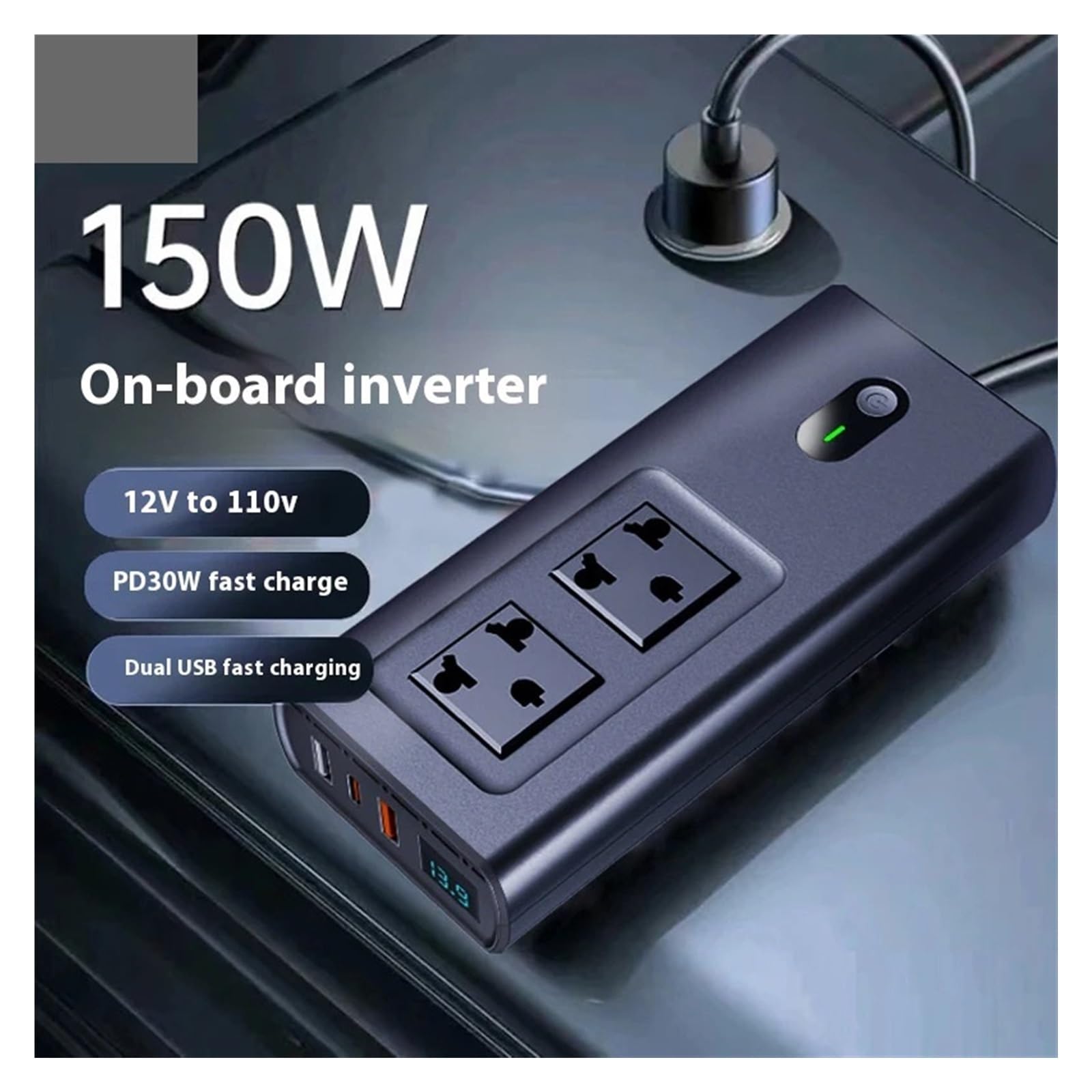 Inwertery, 150W Inwerter samochodowy USB typu C 30W DC 12V do AC Auto Power Invertor Szybkie ładowanie do zasilacza samochodowego