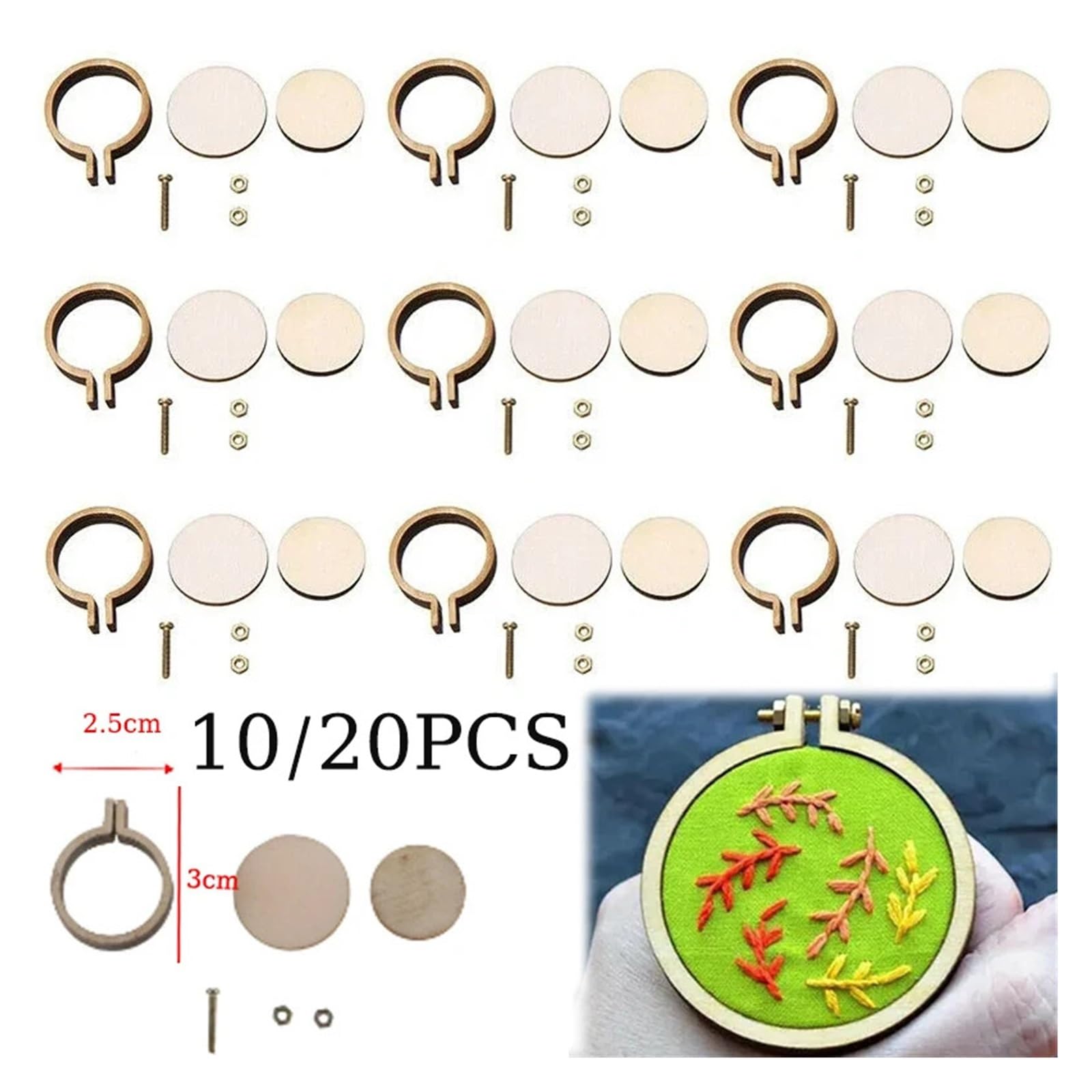 aro de bordado mini 10x 20x Mini anillo de aro bordado, marco punto cruz madera, colgante hecho a mano, manualidades, Kit costura circular(20PCS)
