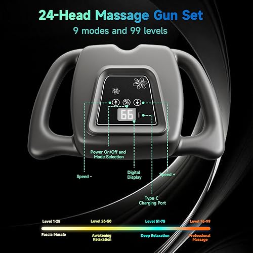 Miniatura 6 de Juego de pistolas de masaje de 24 cabezas, con 99 niveles y 9 modos, pistola de masaje de tejido profundo, piernas, cintura, cuello y espalda