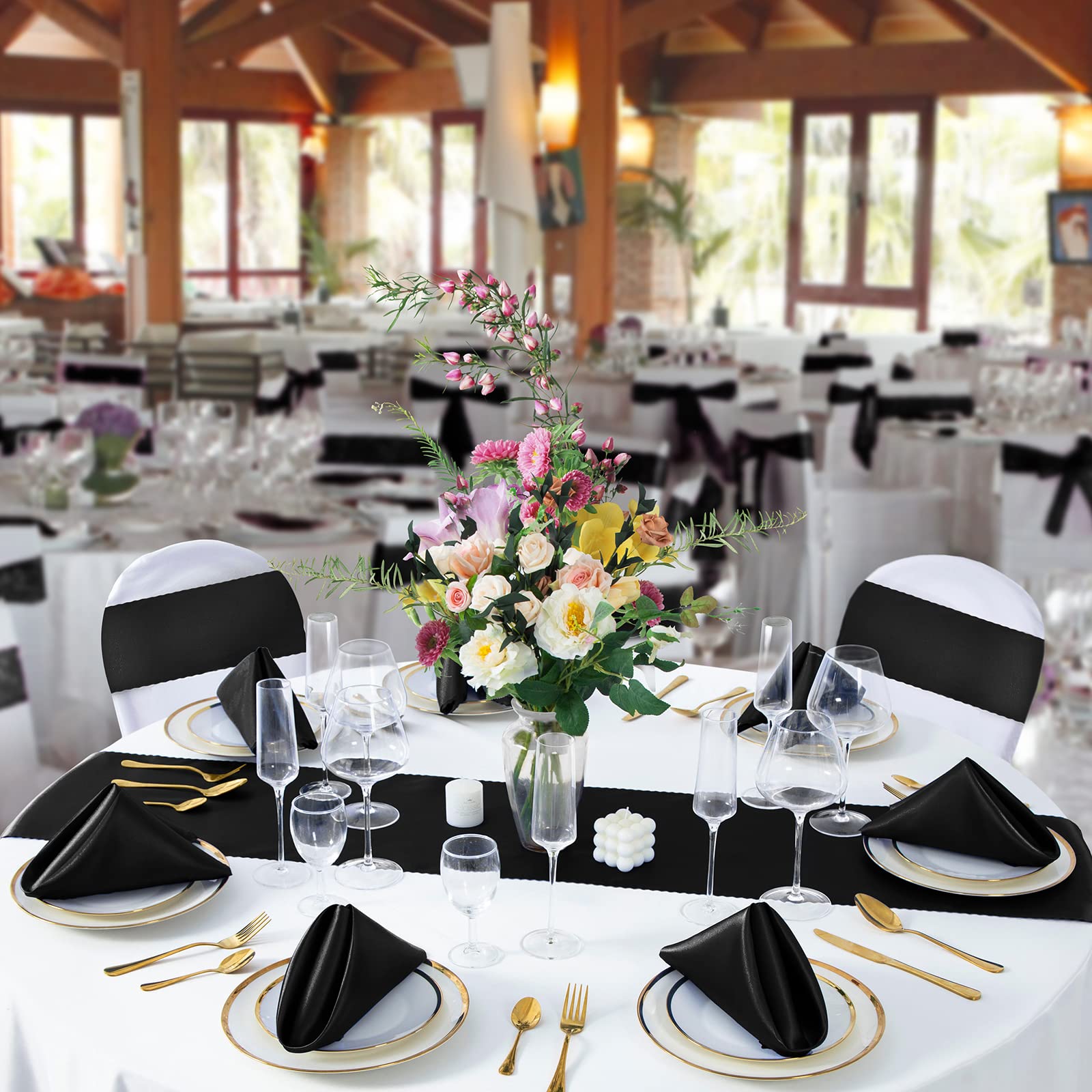 Horbaunal Satin-Servietten, 50,8 x 50,8 cm, mit Blumenrändern, Schwarz, 100 Stück | Quadratische Dinner-Servietten, weiche Stoffservietten für Partys, Hochzeiten, Events