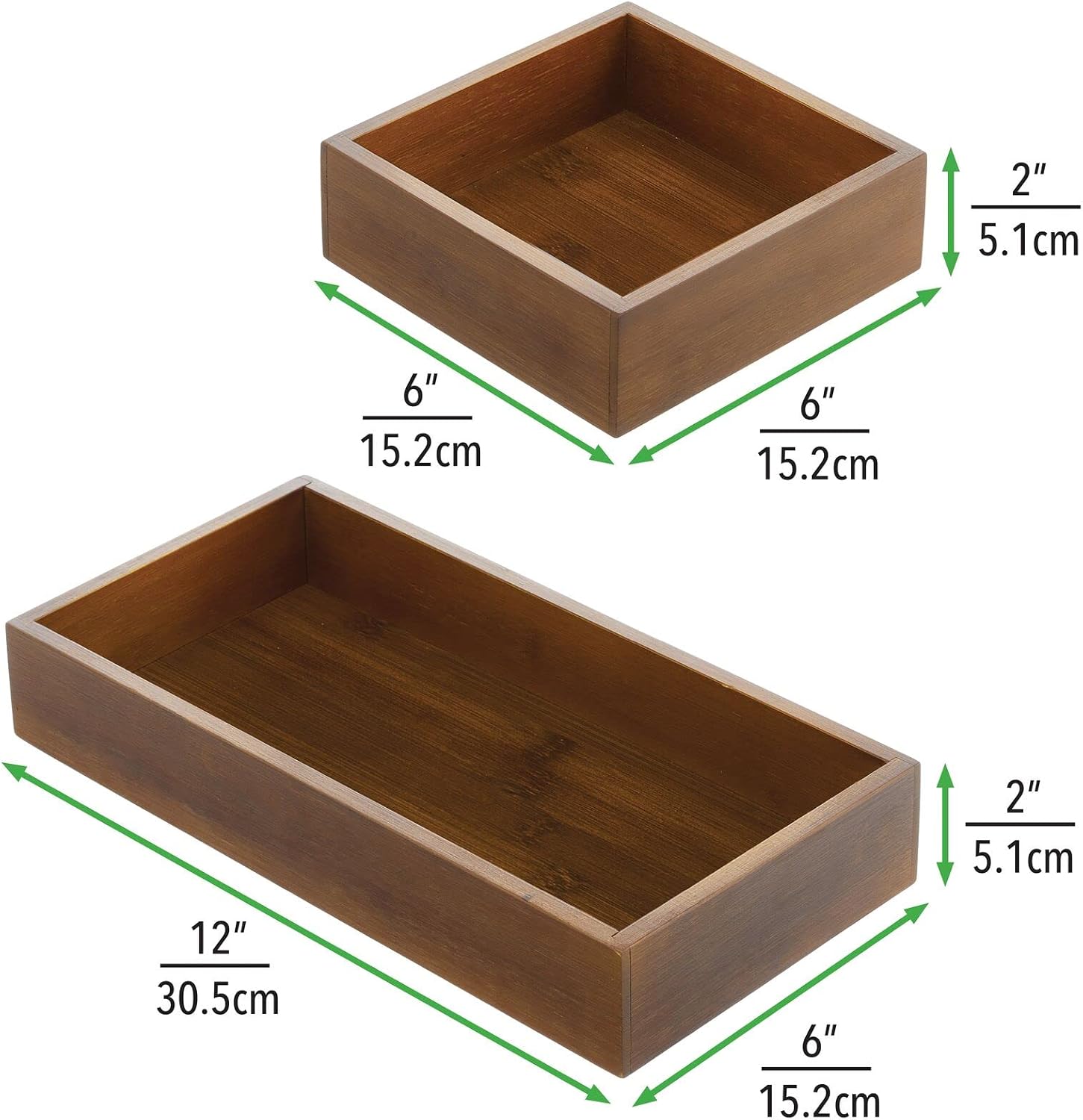 mDesign Bamboo Kitchen Cabinet Drawer Organizer Stackable Tray Bin - Eco-Friendly, Multipurpose - Use in Drawers, on Countertops, Shelves or in Pantry - Set of 2 - Brown Wood Finish