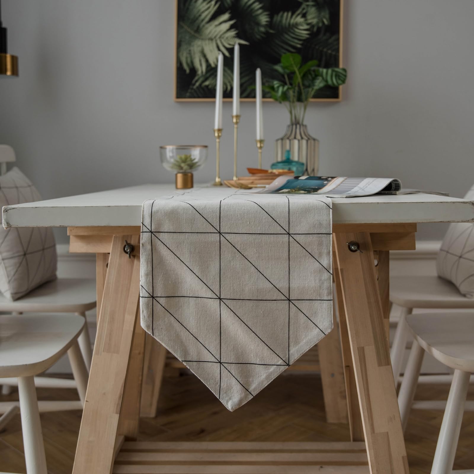 Beige Weiß Tischläufer Baumwolle Leinen, Dekostoff Tischläufer Abwaschbar Tischband Geometrisch Dreieck Kariert Muster Tischdecke für Küche Esstisch Dekor, 30x220 cm, Beige Weiß