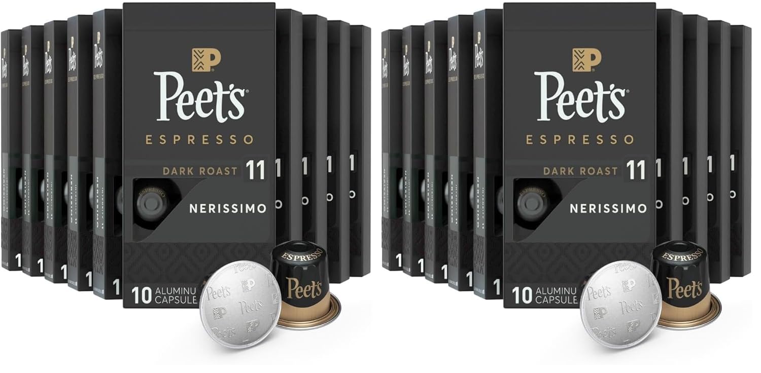 Peet's Coffee, Dark Roast Espresso Capsules, Compatible with Nespresso Original Machine - Nerissimo Intensity 11, 100 Count (10 Boxes of 10 Espresso Capsules) (Pack of 2)