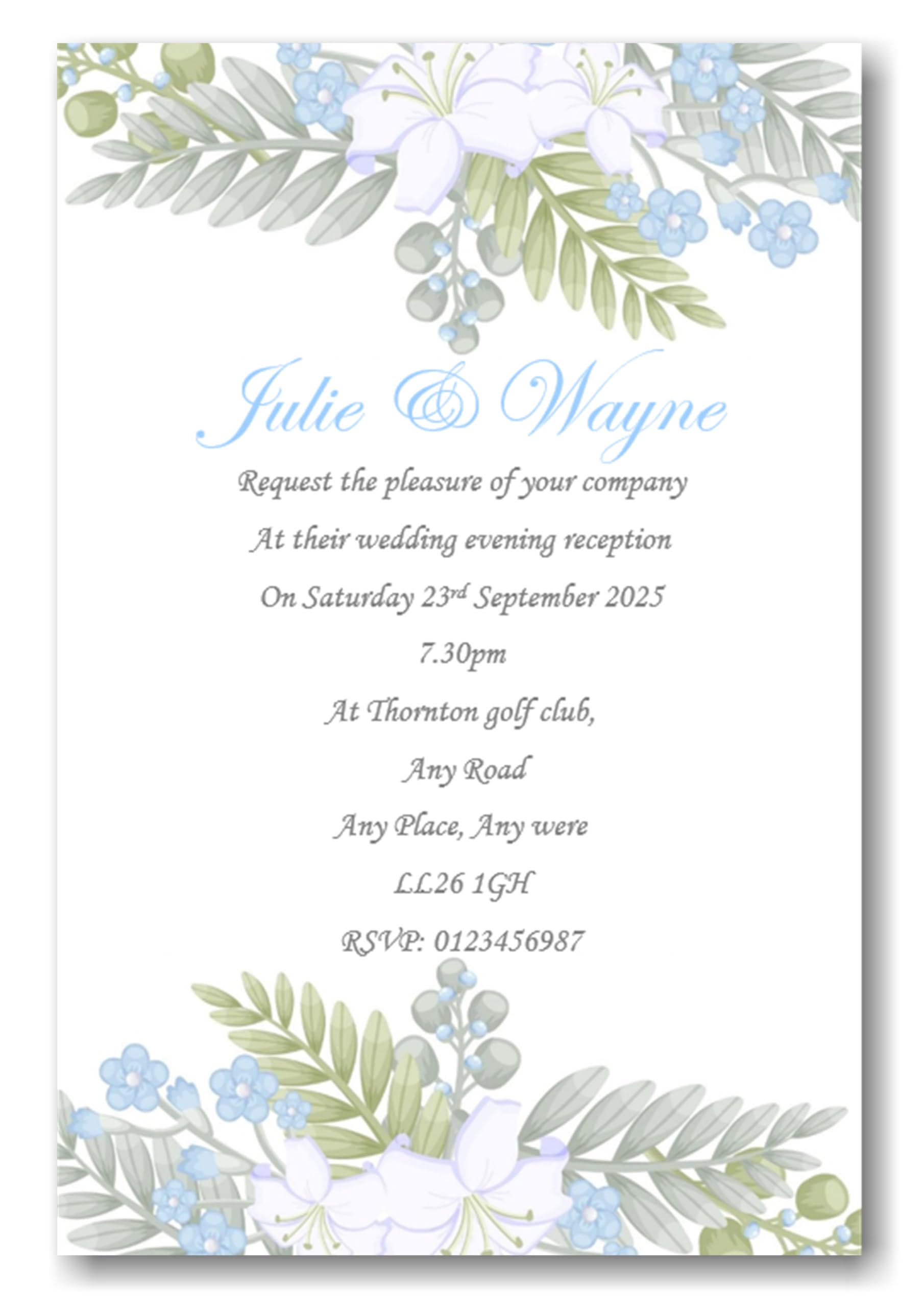 Personalised Beautiful Blue & White Floral Wedding Evening Invitations - Invites with Envelopes WE78 (100 Invites)