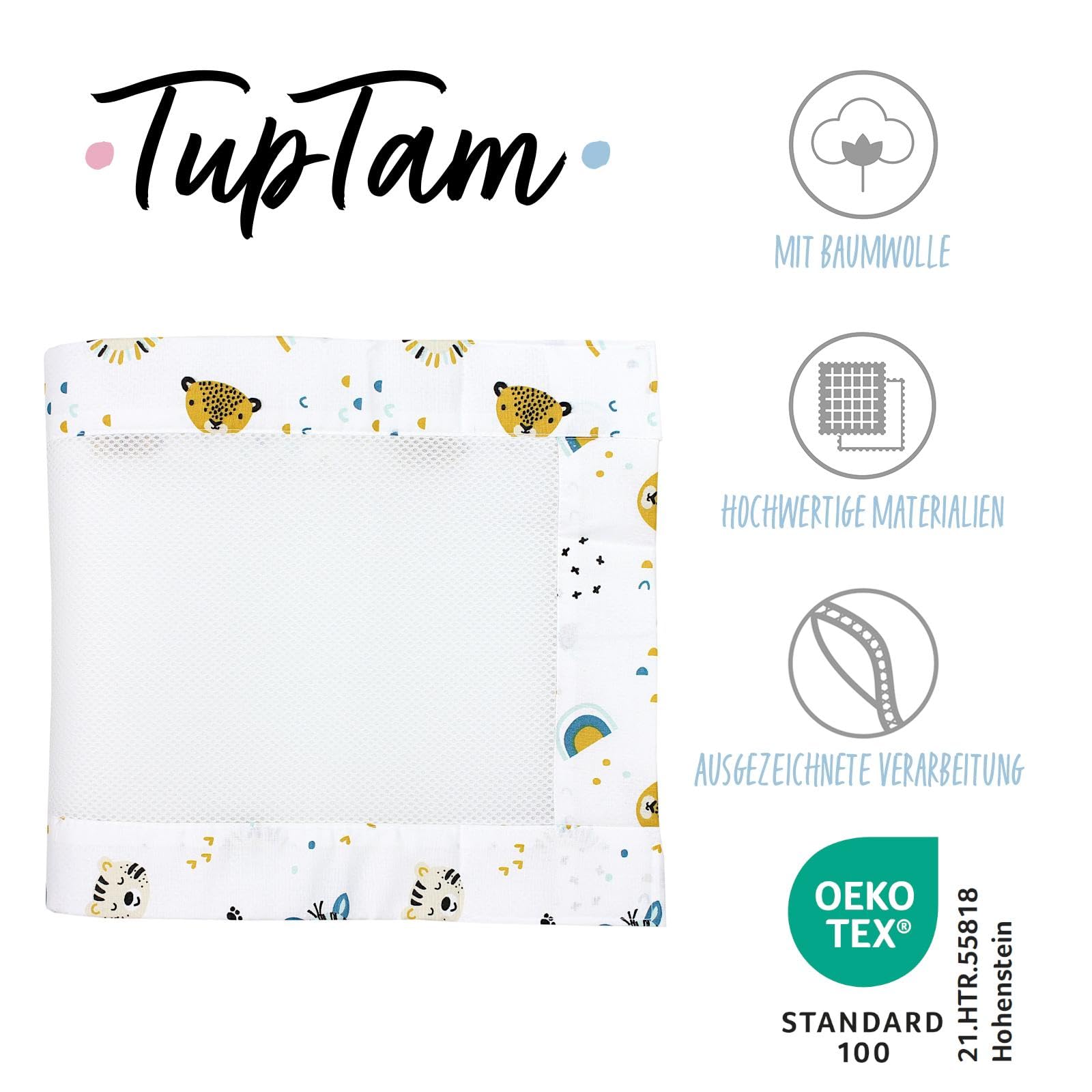 TupTam Protezione Paracolpi per Lettino Nido per Neonati Traspirazione Air Mesh 2 Pack, Safari con Teste di Animali, ca.128 x 30 cm (per Lettino 140x70)
