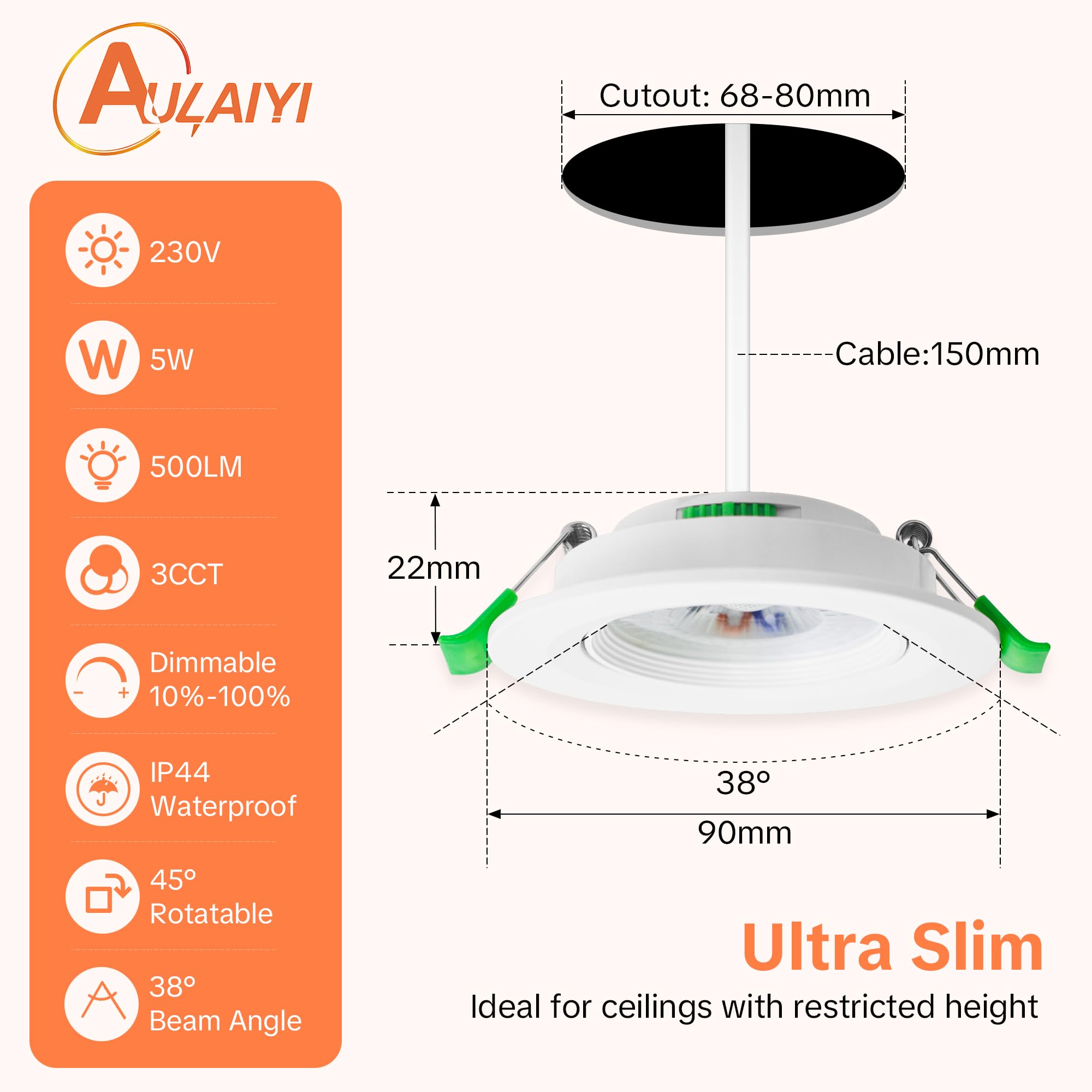 Downlight LED Techo Empotrable Regulable 230V, 5W 500LM Focos LED Interior Techo Rotable Blanco Cálido Blanco Neutro Blanca Frío, IP44 Ojos de Buey Extraplano, Corte 68-80mm, Blanco 3 Pack