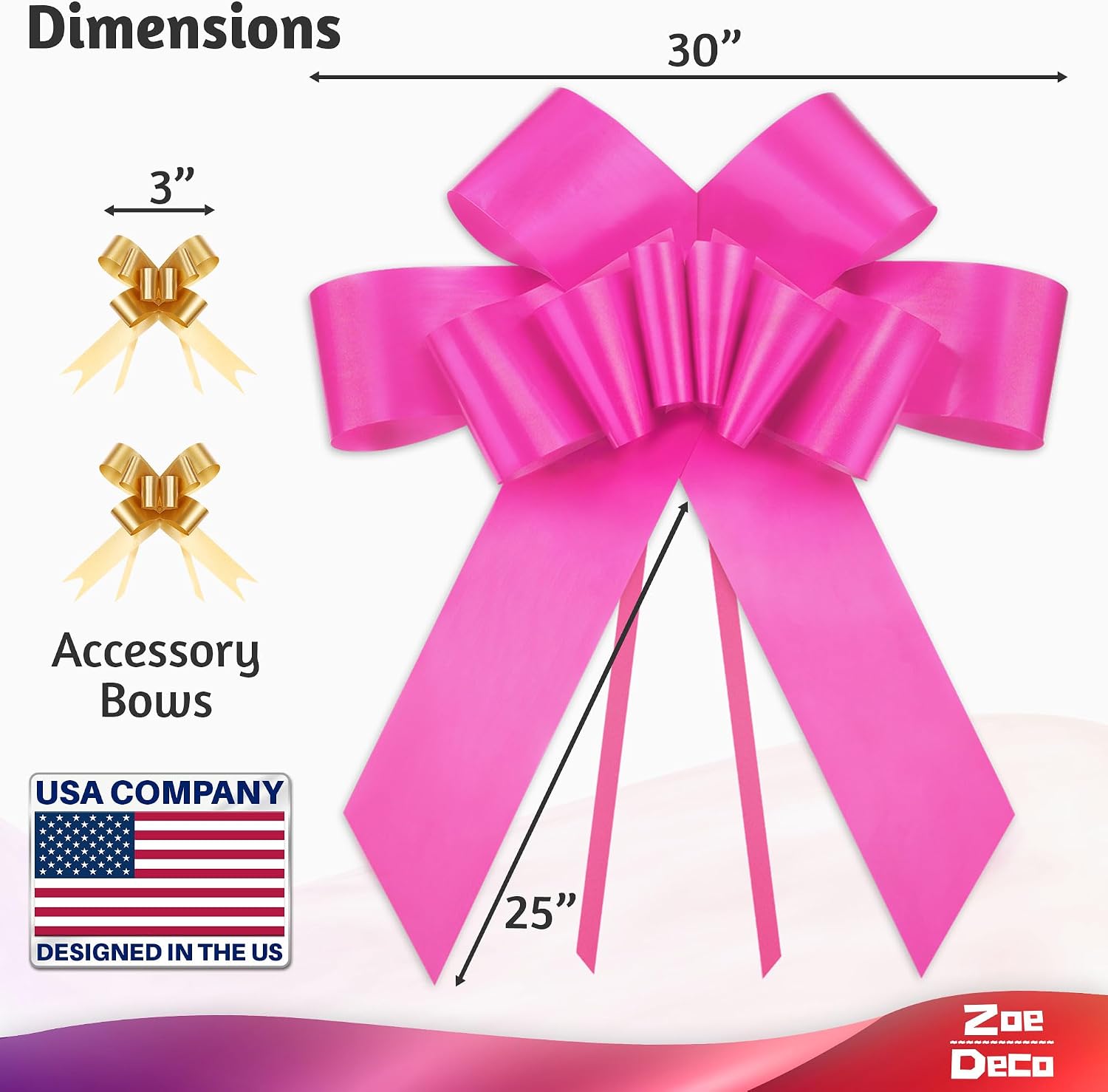 Zoe Deco - Big Car Bow - Pink, 30 Inch - Giant Car Bow w/ 2 Gold Accessory Bows for Birthday, Christmas, Wedding Reception, Surprise Party - Large Gift Wrapping for Huge Present