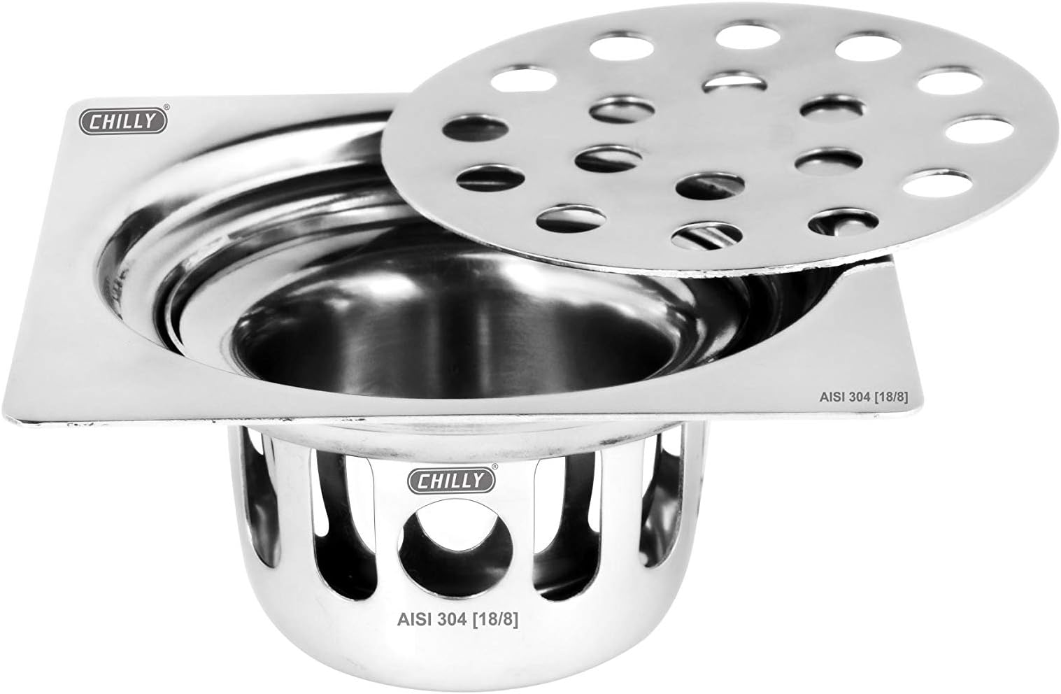 CHILLY Cockroach Trap Square Flat Cut Stainless Steel AISI 304 (18/8) Floor Drain Cover/Jali/Grating (Glossy Finish) - CCT-SFC-76-GF