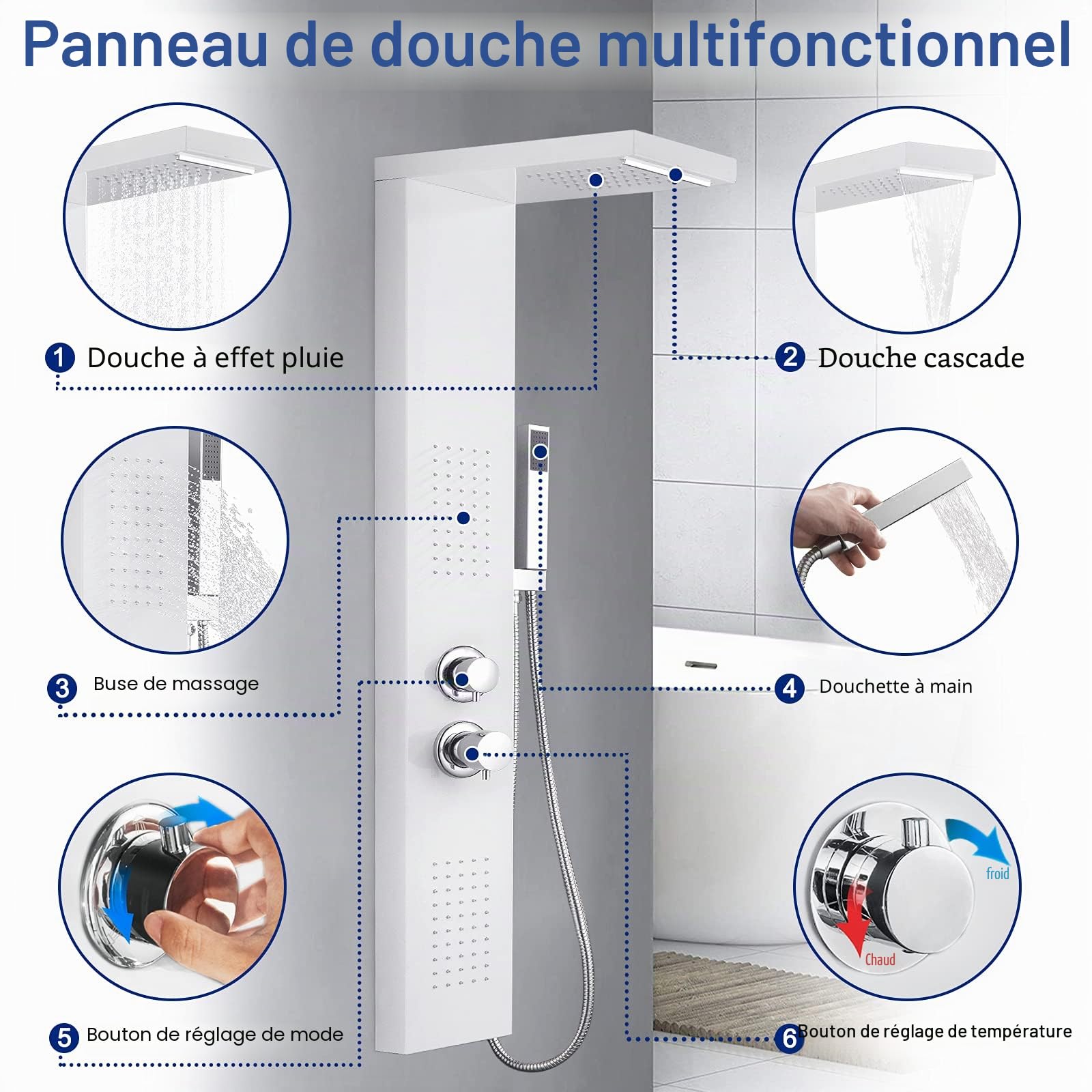 Froadp Système de Douche à Effet Pluie Ensemble Mural en Acier Inoxydable Brossé avec Douche de Massage Ensemble de Douche et Cascade à Main Ensemble de Luxe pour Salle de Bain (Blanc Mat)
