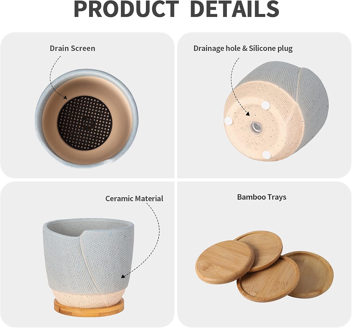Morandi Colors 4.75 Inch Ceramic Planters with Drainage Hole & Saucer, Small Linen Pattern Flower Shape Plant Pot with Trays for Indoor Plants, Succulent, Cactus & Herbs, Set of 4