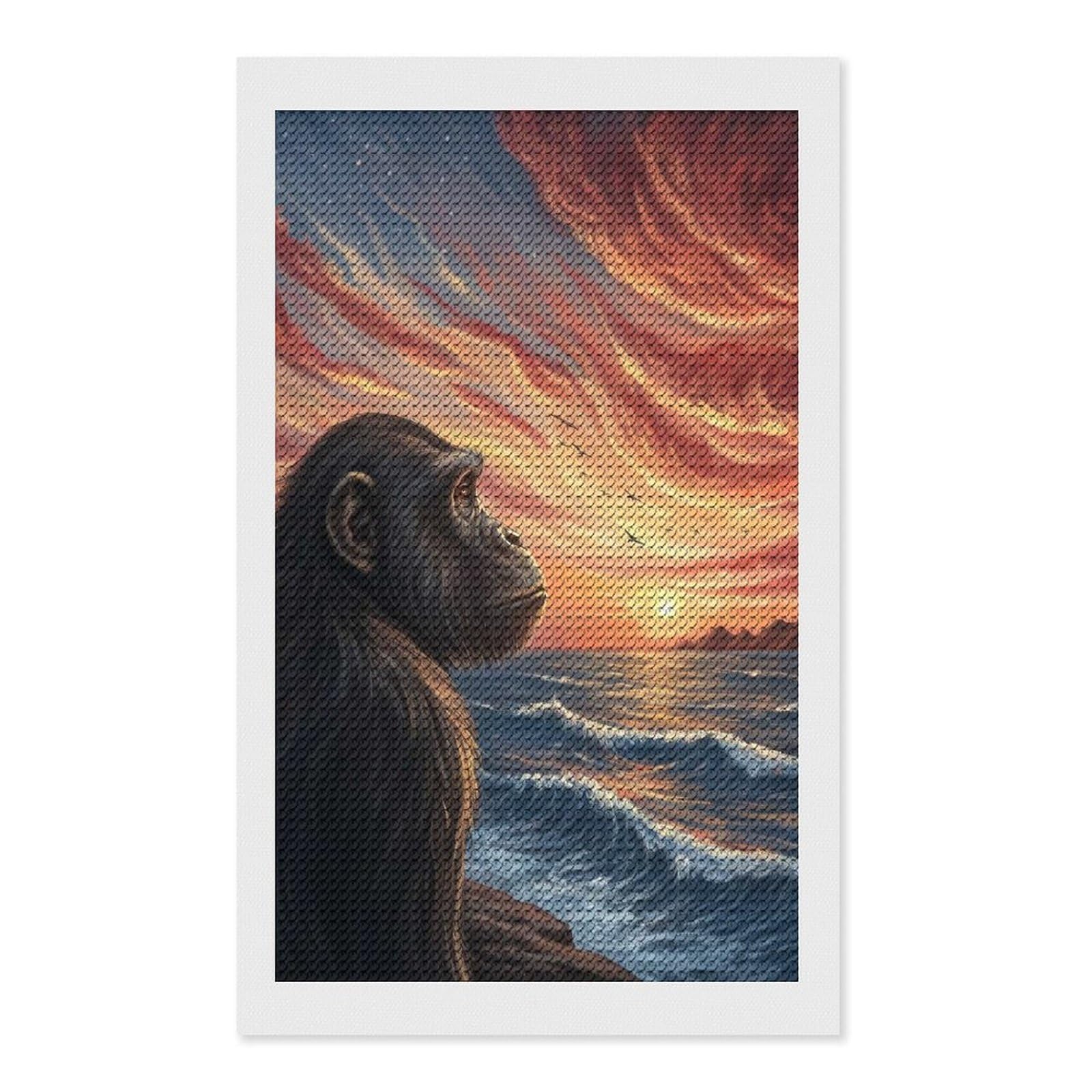 Junmoney Chimpanzee Gazing at Sunset Over Ocean DIY Diamond Art Canvas Kit 12"x20", Simple to Start, Fun Craft Experience, Modern Decor, Gift Idea, Adhesive Canvas