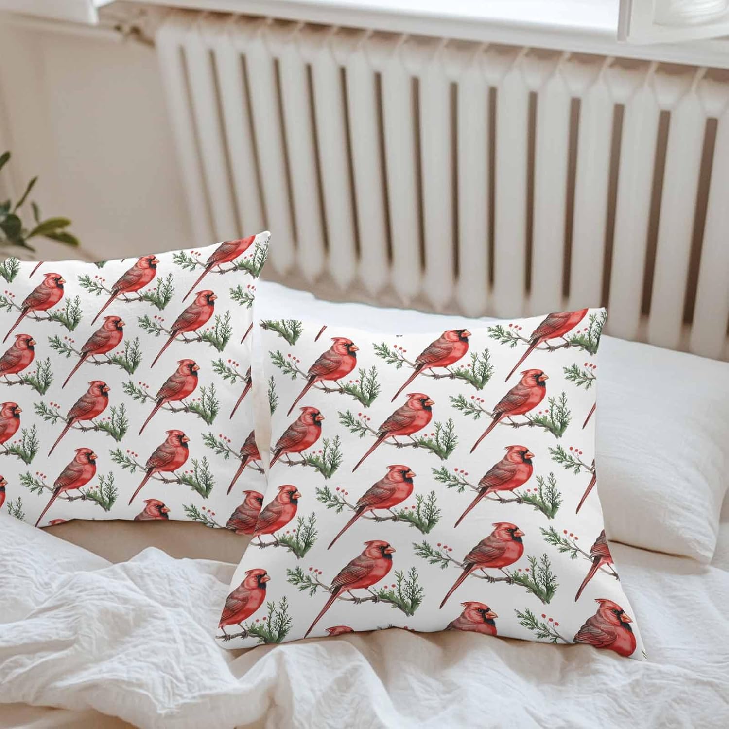 YOKOU Outdoor Waterproof Throw Pillow Covers, Christmas Red Bird on Pine Branches Berries Cardinal Pillowcases Cushion Covers Cases for Patio Couch Bench, Pack of 2 Square, 20X20 Inch