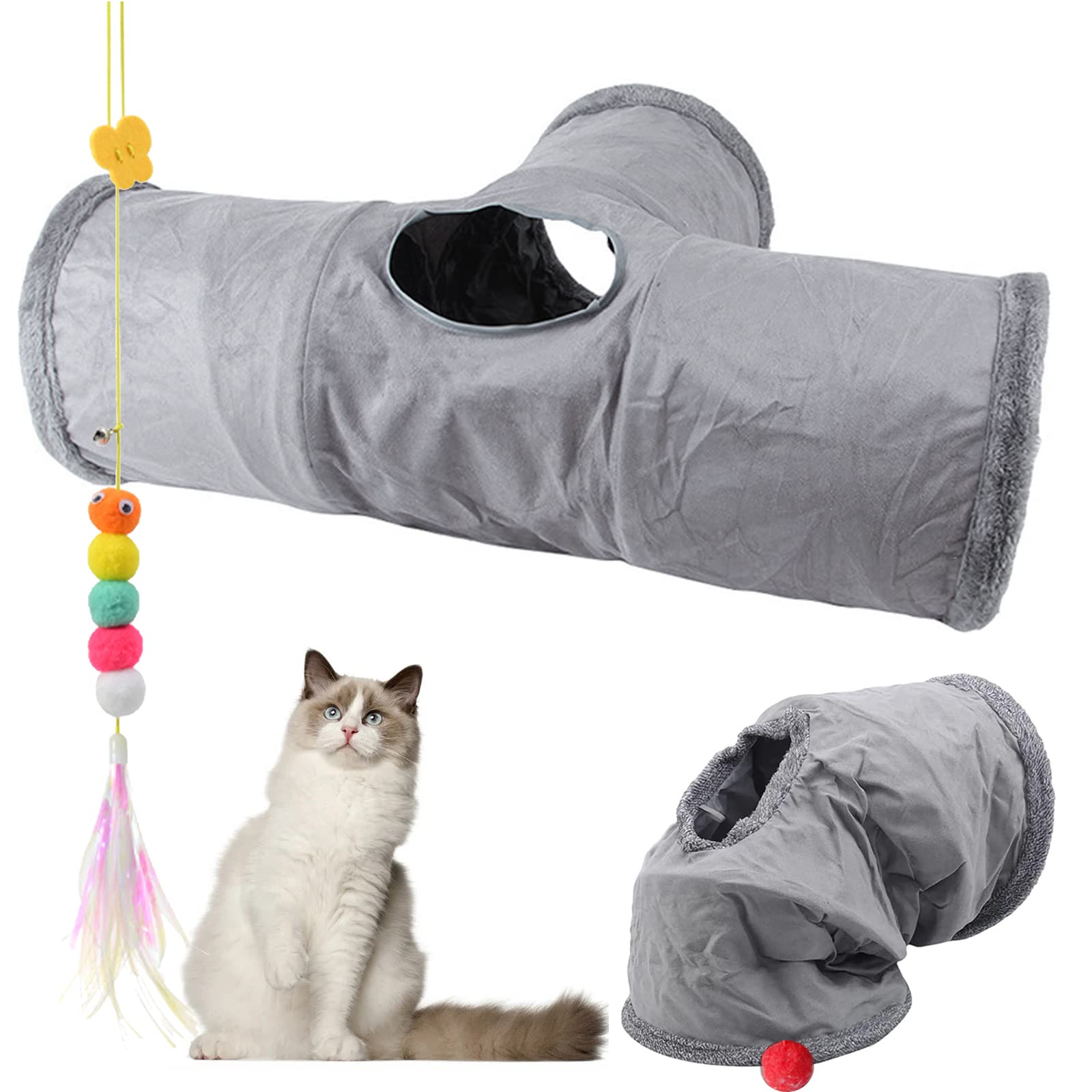 Katzentunnel Aus Ecolen Stoff – Faltbarer Spieltunnel Mit Fenstern Und Pompon Für Katzen Und Kleintiere