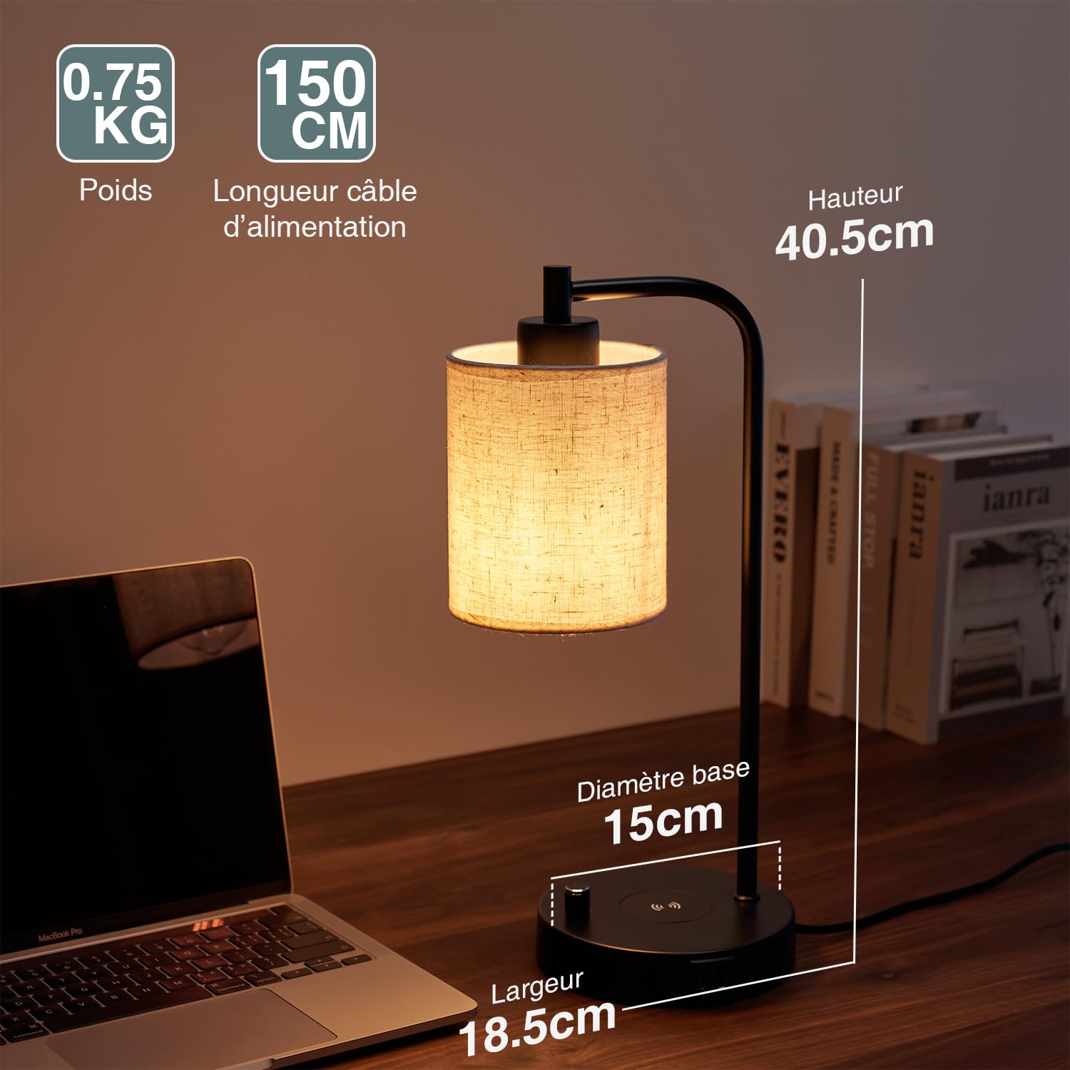 Lampe de chevet LED chambre avec chargeur induction, ports de recharge USB-C+A, Intensité variable, Abat-jour en lin, Veilleuse table de chevet, Lampe de bureau pour lecture, Lampe chevet connectée