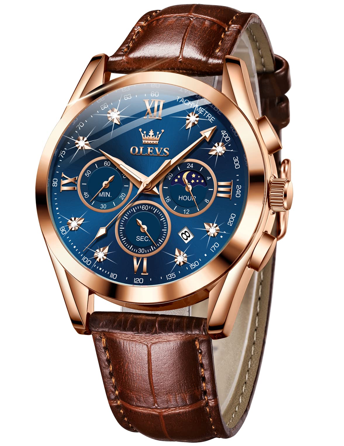 OLEVSMens Watches Leather Chronograph Luxury Fashion Dress Analog Quartz Wrist Watch Luminous Waterproof Moon Phase Date