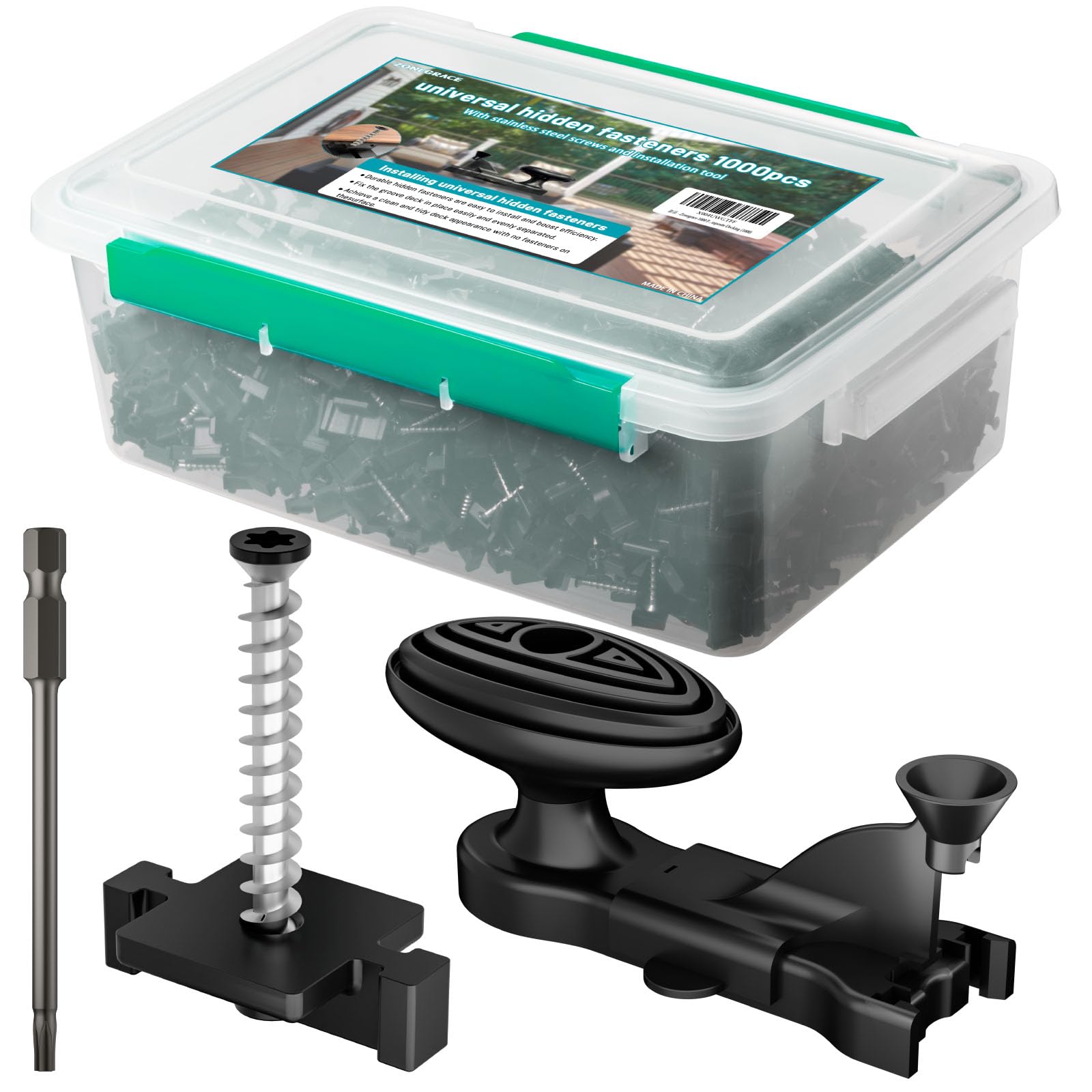 ZONEGRACE 1000 PCS Hidden Deck Fasteners for Composite Decking Board,Composite Deck Clips & Plastic Hidden Fastners with Stainless Steel Screws & Installation Tools,Universal Nylon Clips for Decking
