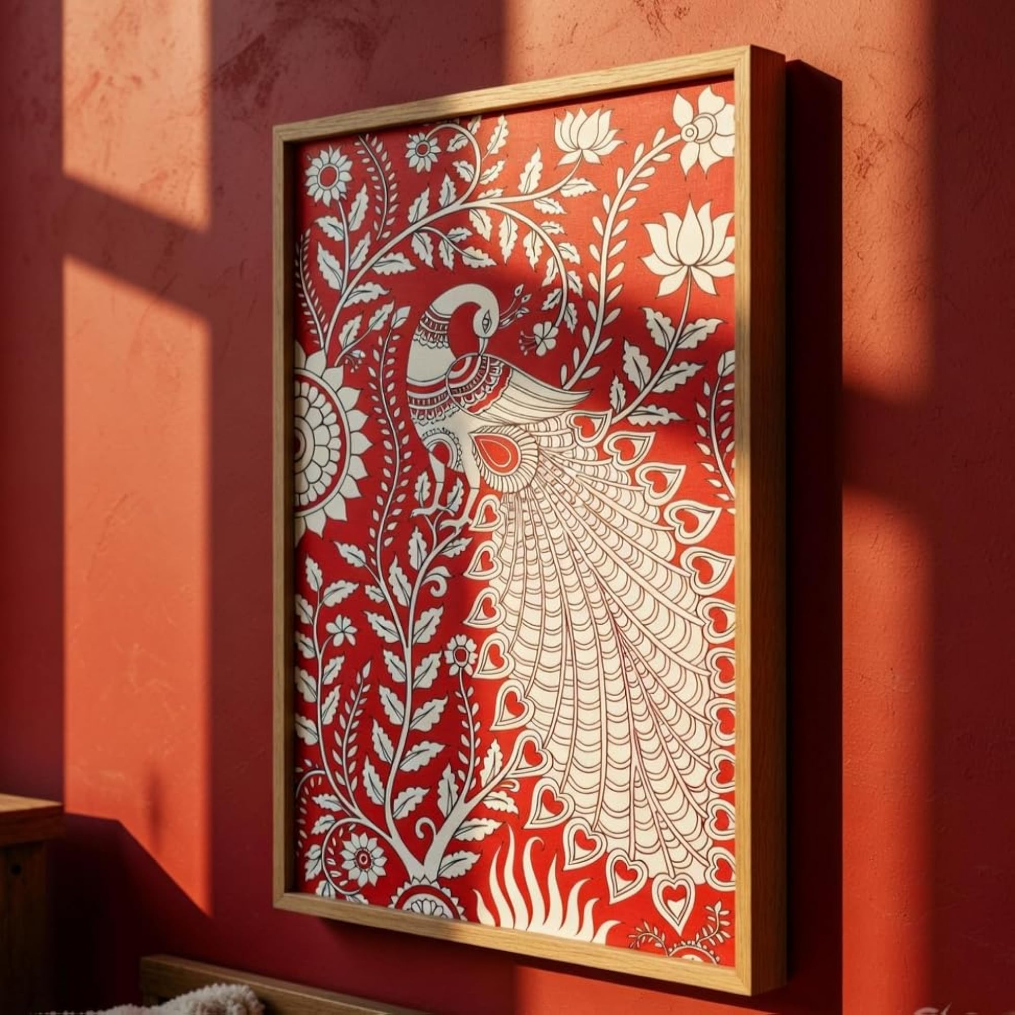 Folk Peacock Wall Painting with Wooden Frame