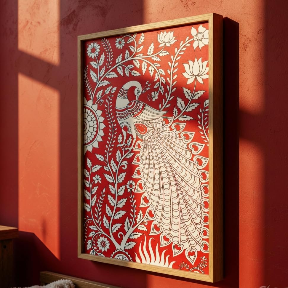 Image of Livin'luxe Folk Peacock Wall Painting with Wooden Frame | Traditional Peacock Floral Artwork HD UV Laminated MDF Wall Decor | Ethnic Bird Wall Art for Living Room Bedroom Decor