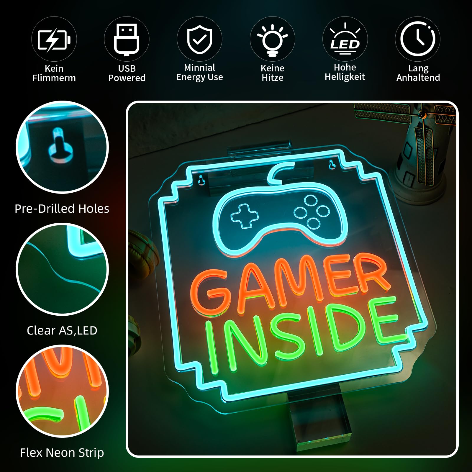 Gamer Inside Neon Sign Game Controller LED Segno per la decorazione della stanza da gioco I migliori regali per i giocatori per ragazzi Gioco per bambini Insegna al neon per Teen Boy Room Decor