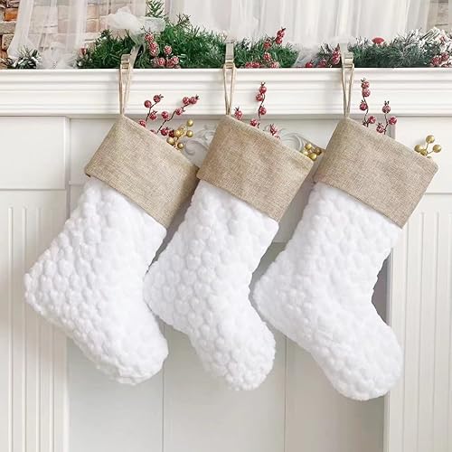 Vanteriam 3 medias de Navidad de piel sintética blanca, 20 pulgadas, grandes en forma de corazón blanco, medias de Navidad de felpa para decoración
