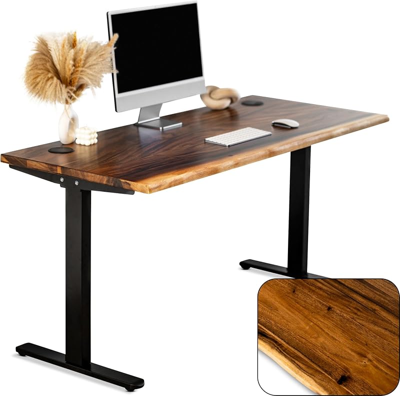 Walnut Solid Wood Standing Desk with Natural Live Edge, W60 x D27 | Adjustable Height Dual Motor with Memory Presets, Wooden Sit-Stand Desk for Home Office