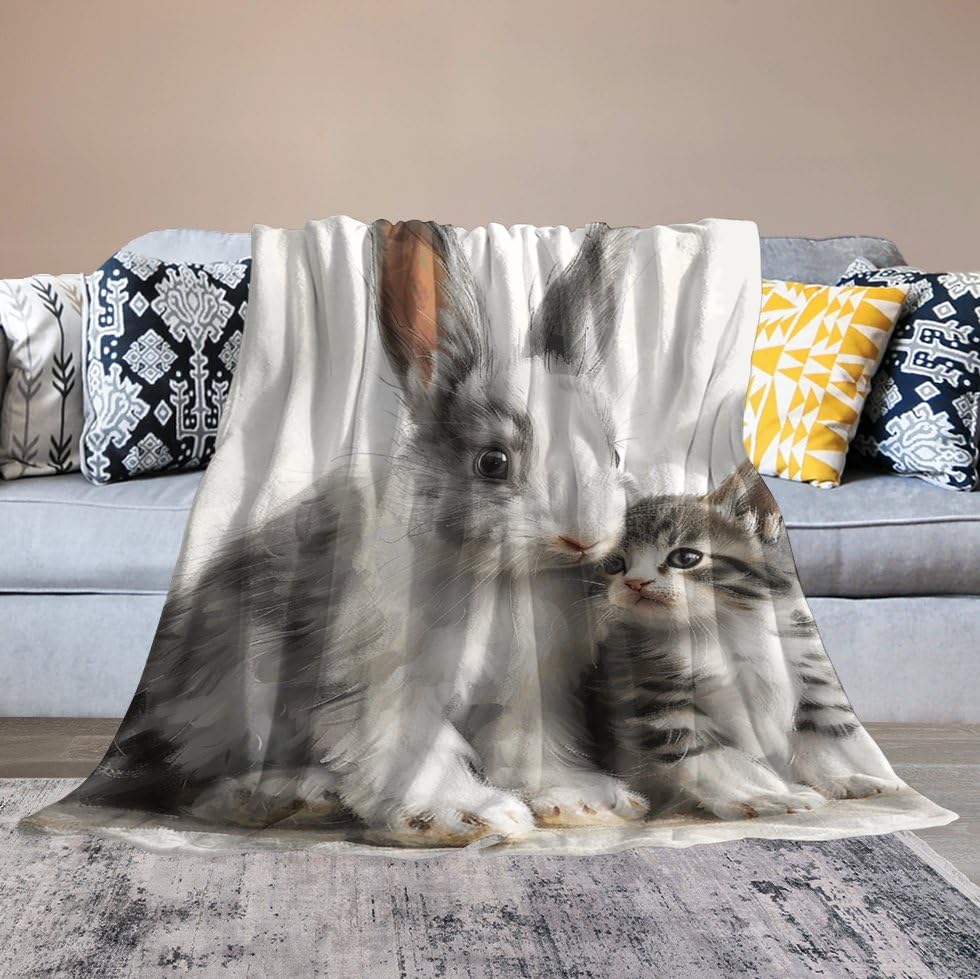 Couverture en micro polaire supérieure 152x203 cm flanelle pelucheuse chat lapin
