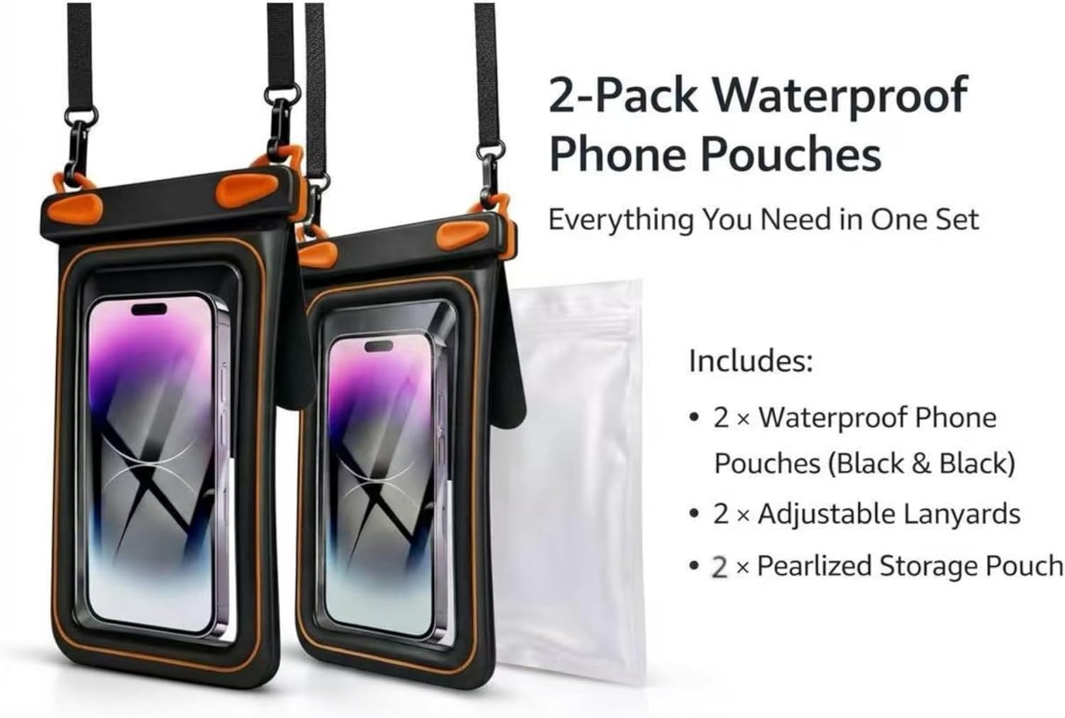 2 Pack Floating Phone Pouch with Dual Compartments, IPX8 Rated Waterproof Case for Rain, Beach, Boating & Kayaking, Clear Touch Screen, Fits Phones Up to 8.5”(Black-Black) - Image 2