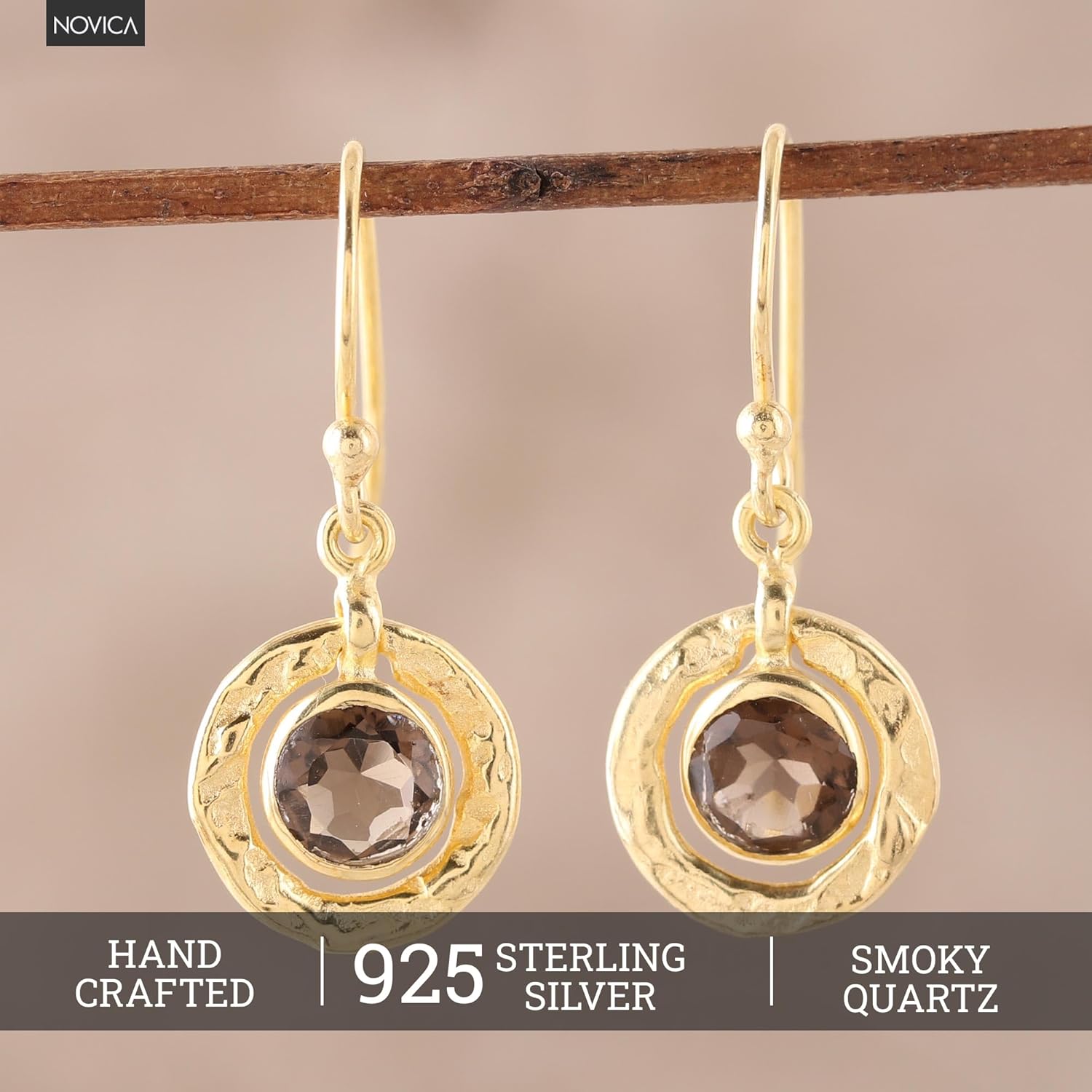 NOVICA Artisan Handmade Gold Plated Smoky Quartz Dangle Earring 18k Earrings Sterling Silver India [1.1 in L x 0.5 in W x 0.2 in D] ' Smoky Charm'