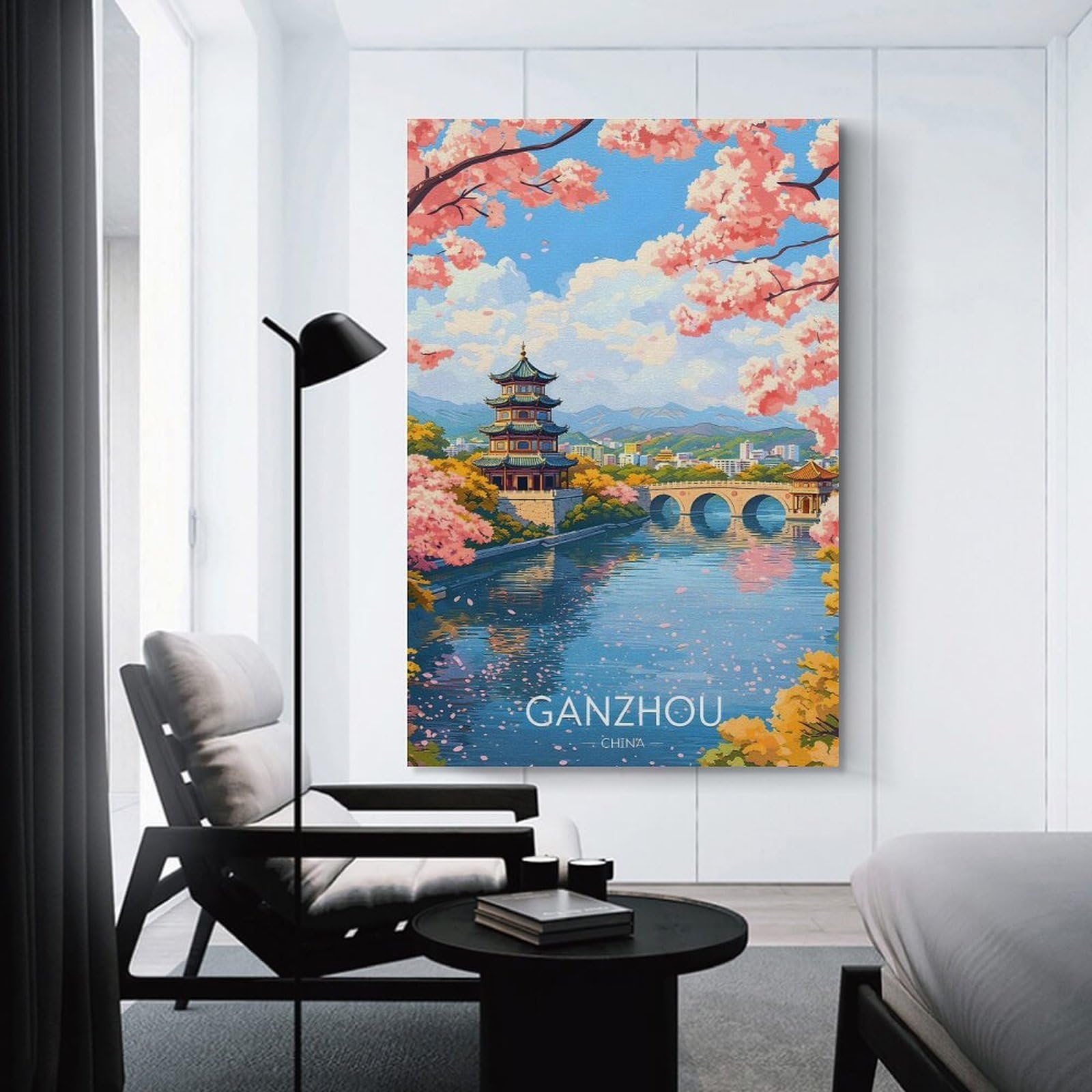 Junmoney Unframe-Style-9-1 Ganzhou China Cherry Blossom River Scene Canvas Wall Art 24X36inch(60X90cm), For Office Decor, Home Working Or Creative Rooms, Wall Art That Adds Style To Work Areas