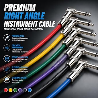 AITONE Patch Cables 6 Pack for Guitar Pedals, 1.2ft Low Noise Right Angle 1/4 Inch TS Instrument Patch Cords, Shielded Guitar Cords for Pedalboard (A-C05)