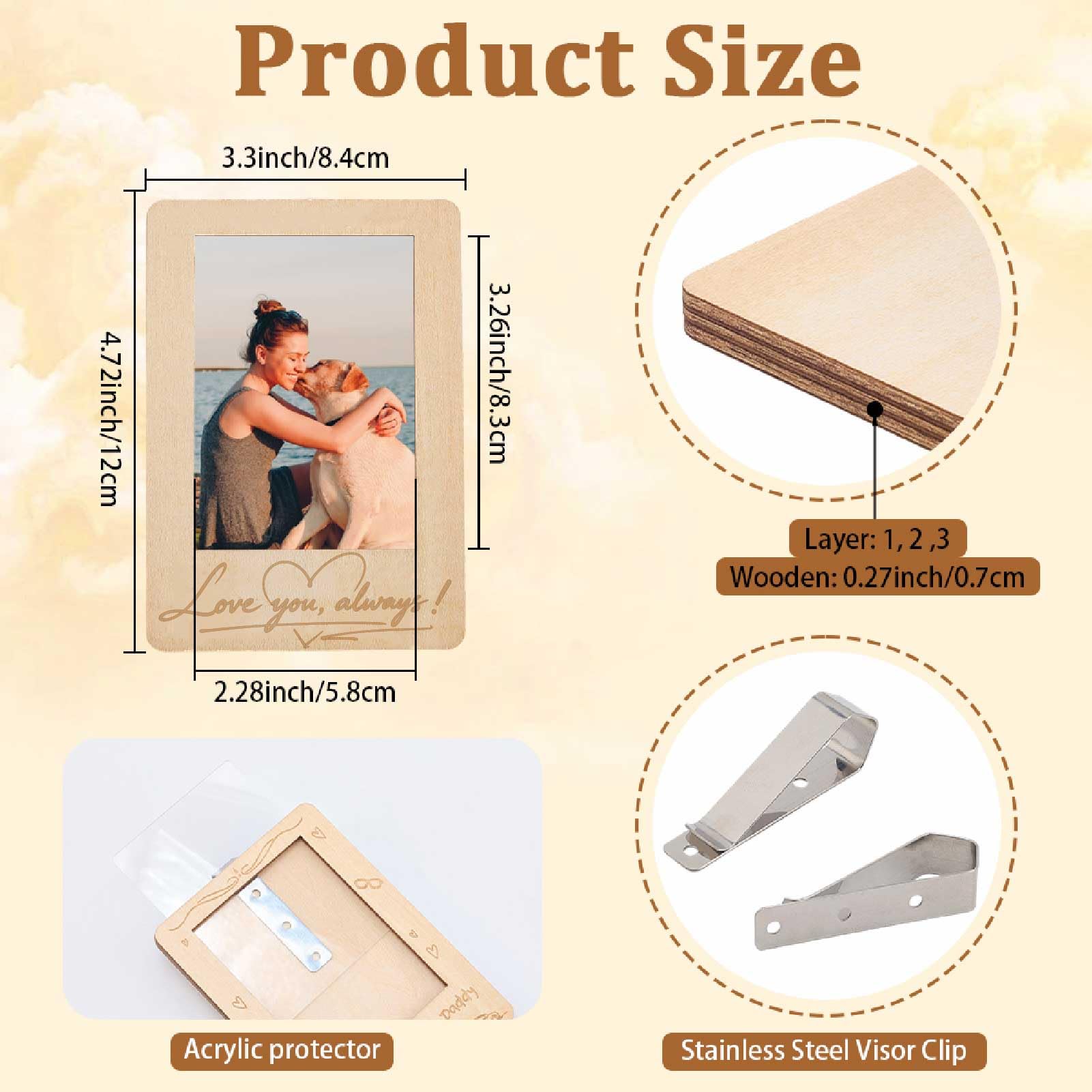 Clip Photo en Bois pour Pare-Soleil de Voiture 4,7 x 3,3 Pouces Cadre Photo Auto I Love You Motif Cœur Support Photo Décoratif Cadeau