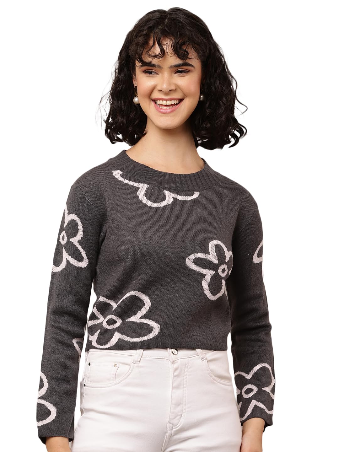 nobarr Women's Acrylic Full Sleeve with Round Neck Floral Print Dark Grey Sweater-picture-21