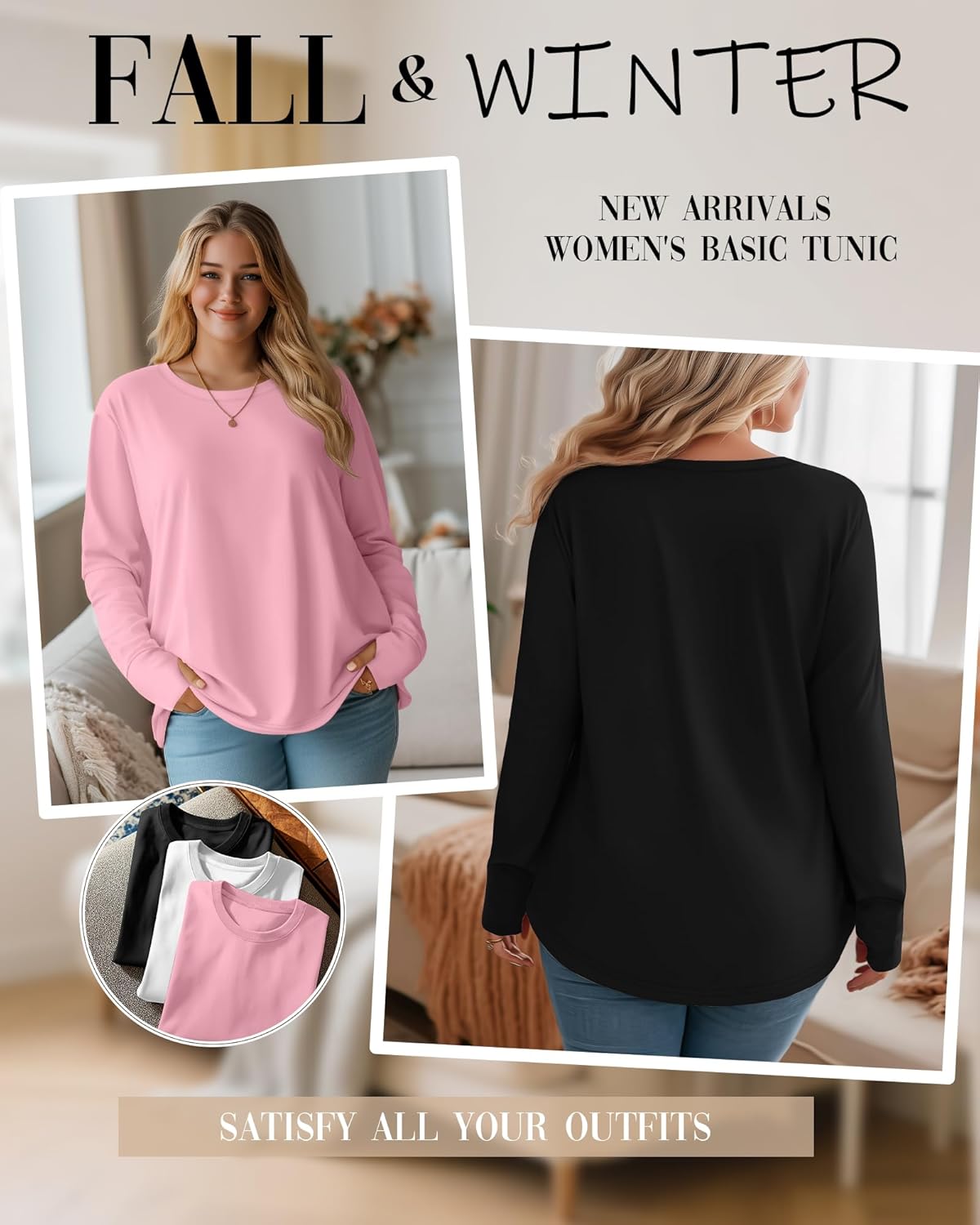 3 Pack Women's Cotton Plus Size Tunic Tops Thumb Hole Crew Neck Long Sleeve Shirts Casual Loose Y2k Trendy Outfits - Image 4
