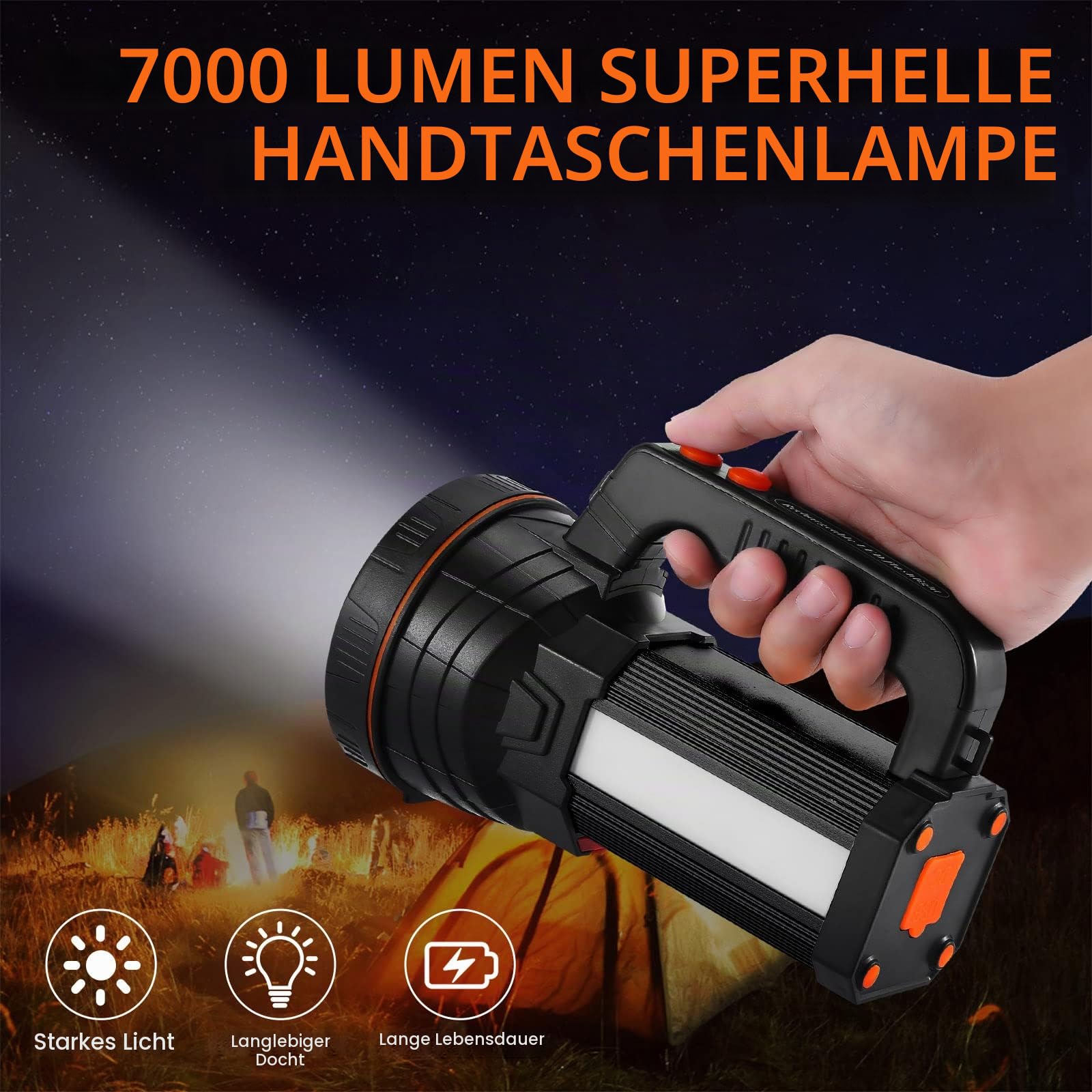 AF-WAN LED Handscheinwerfer 7000 Lumens,LED Taschenlampe,Wiederaufladbare CREE Led Handscheinwerfer Handlampe Super hell Ustellar Strahler Camping Laterne Wasserdicht Suchscheinwerfer (Schwarz)
